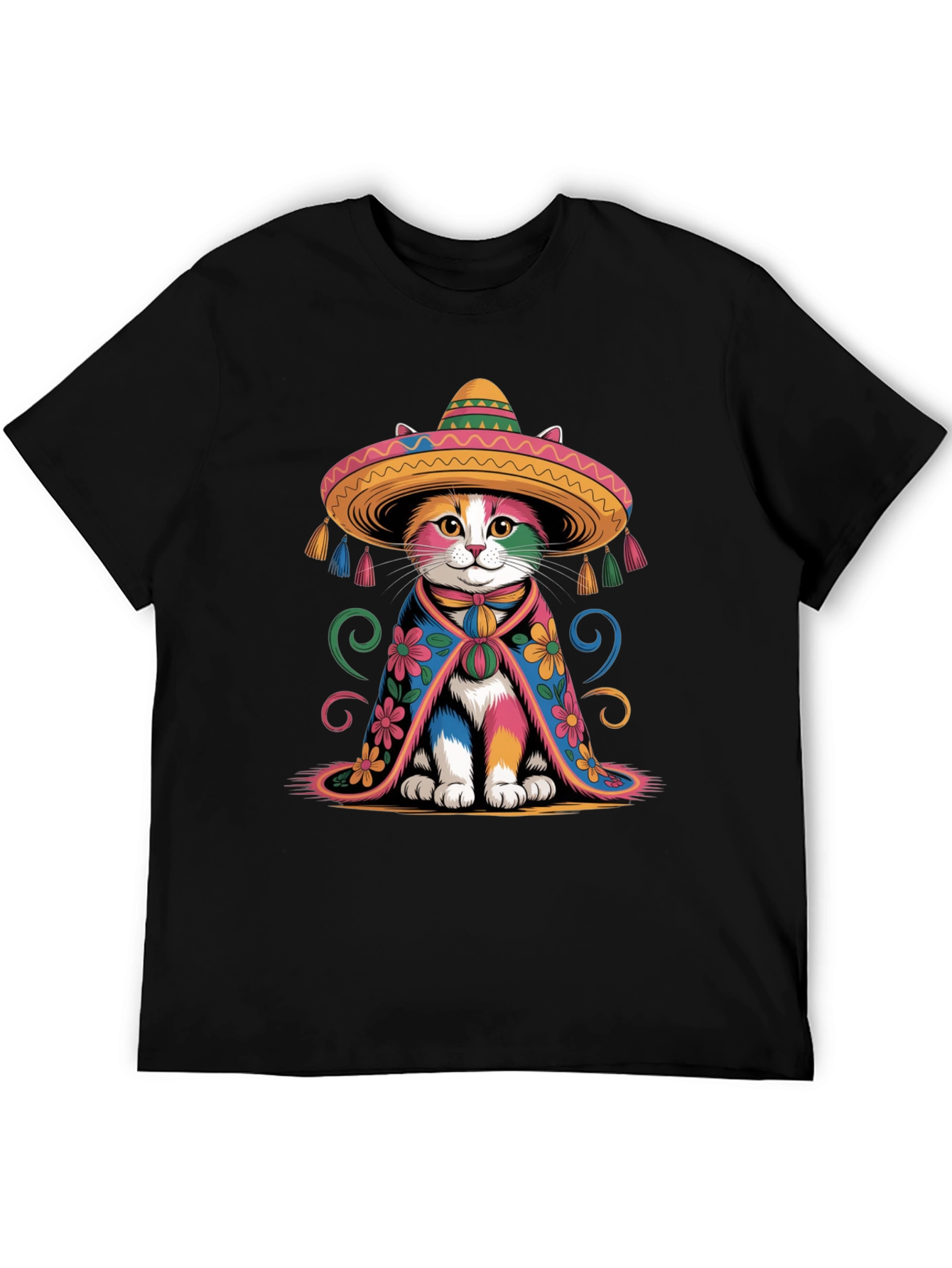 Black Colorful Cat Sombrero T-Shirt view 5