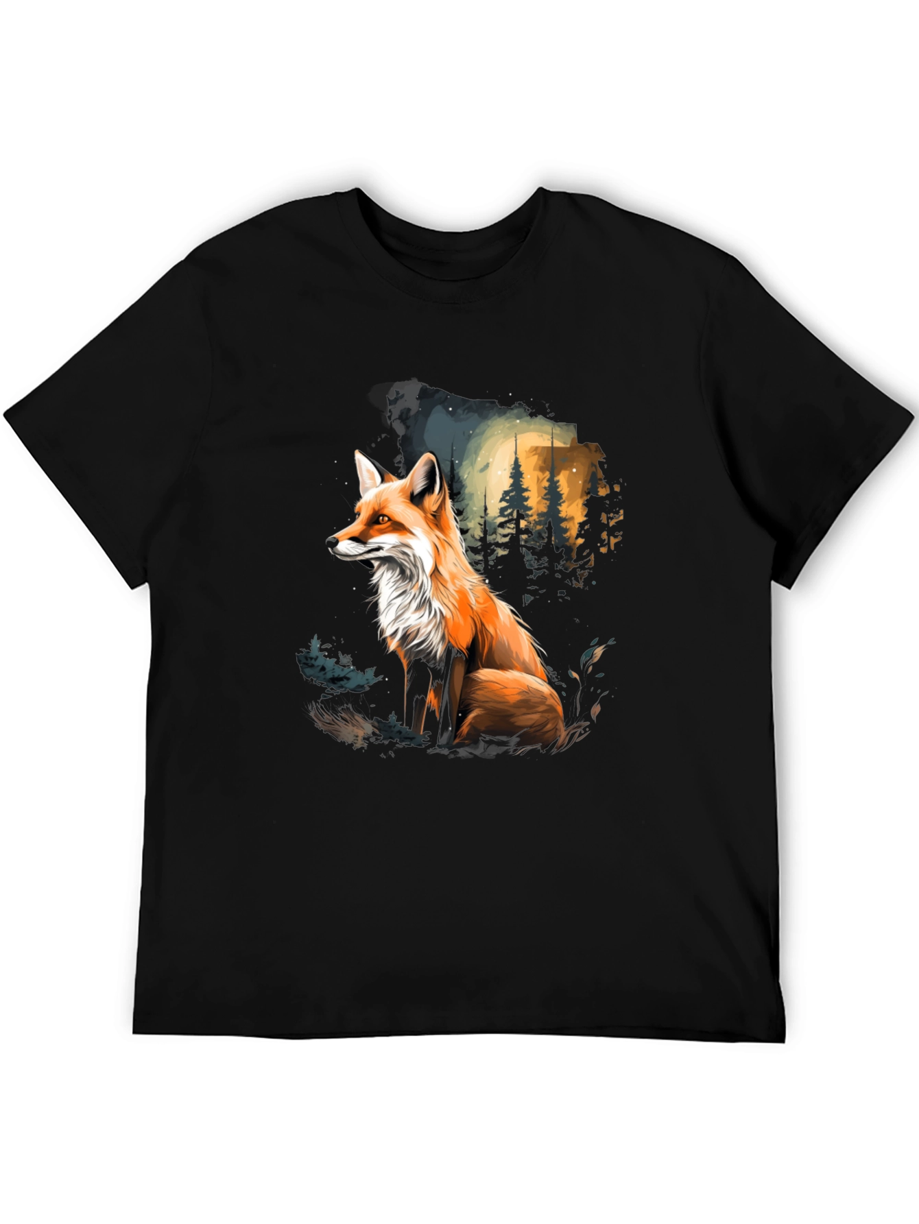 Black Fox in Forest Graphic Tee - Stylish Black T-Shirt view 5