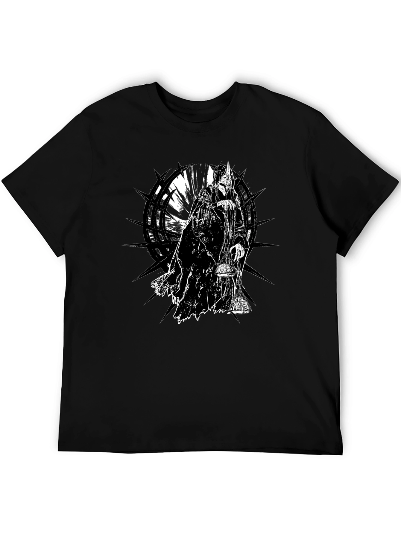 Black Men's Black T-Shirt with Fantasy Grim Reaper Design view 5