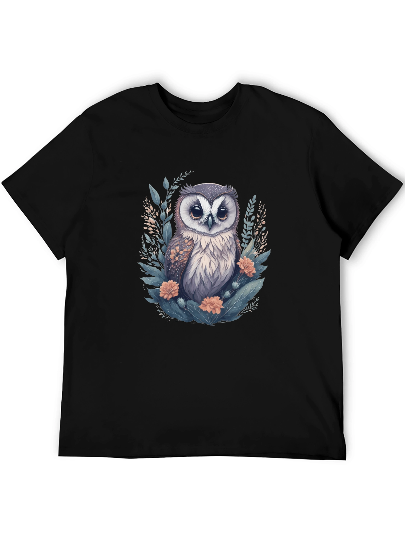Black Cute Owl Floral Graphic Print Black T-Shirt view 5