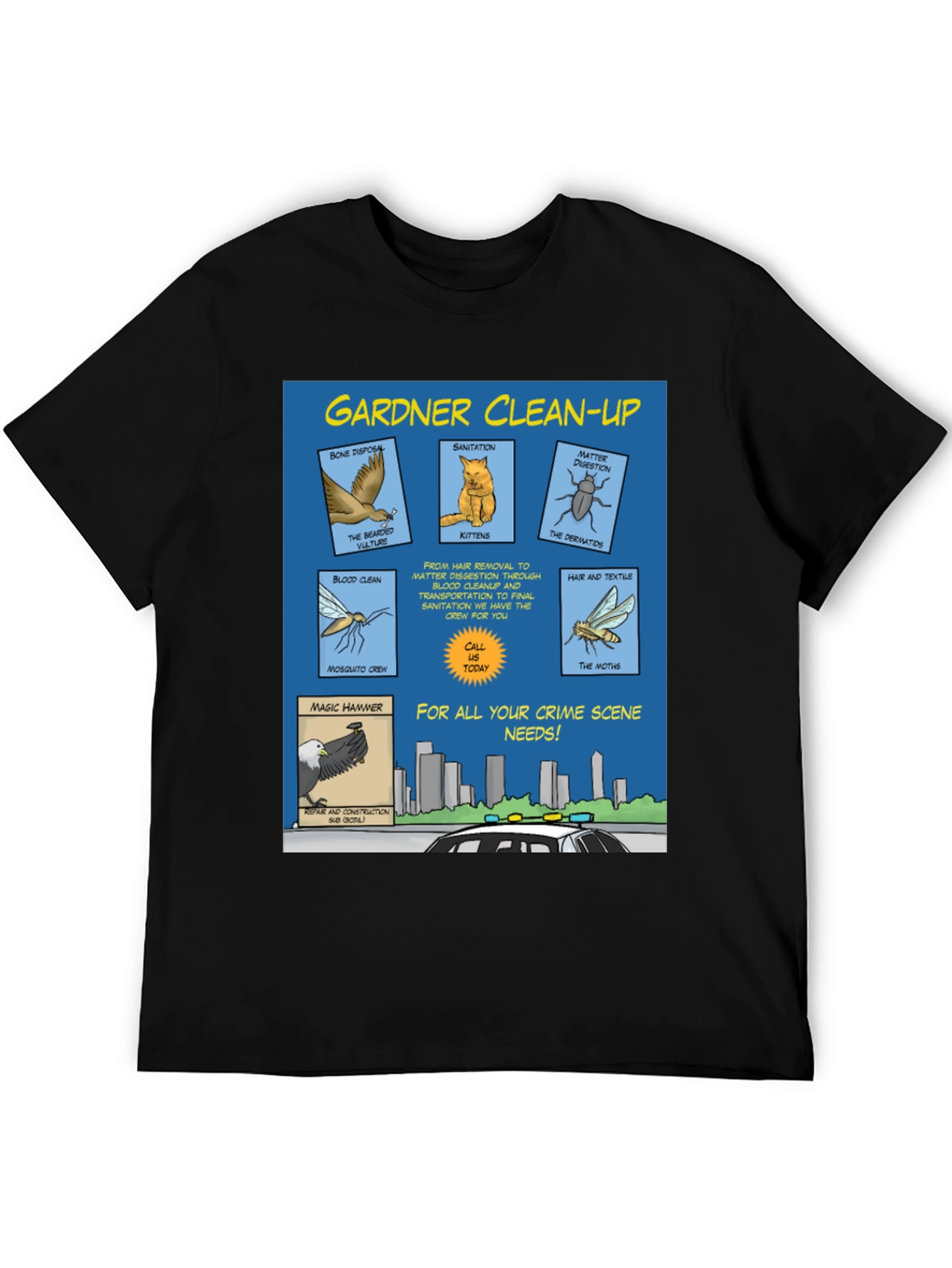 Black Gardner Clean-Up T-Shirt - Crime Scene Cartoon view 5