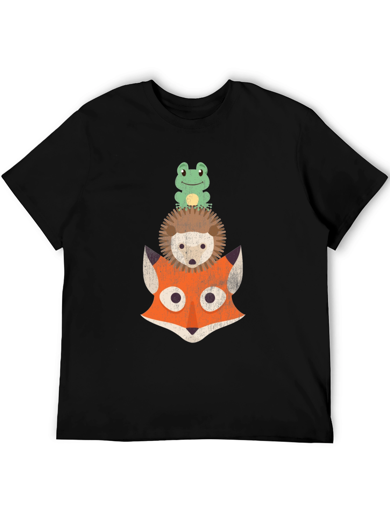 Black Stacked Animal Tee: Frog, Hedgehog, and Fox Design T-Shirt view 5