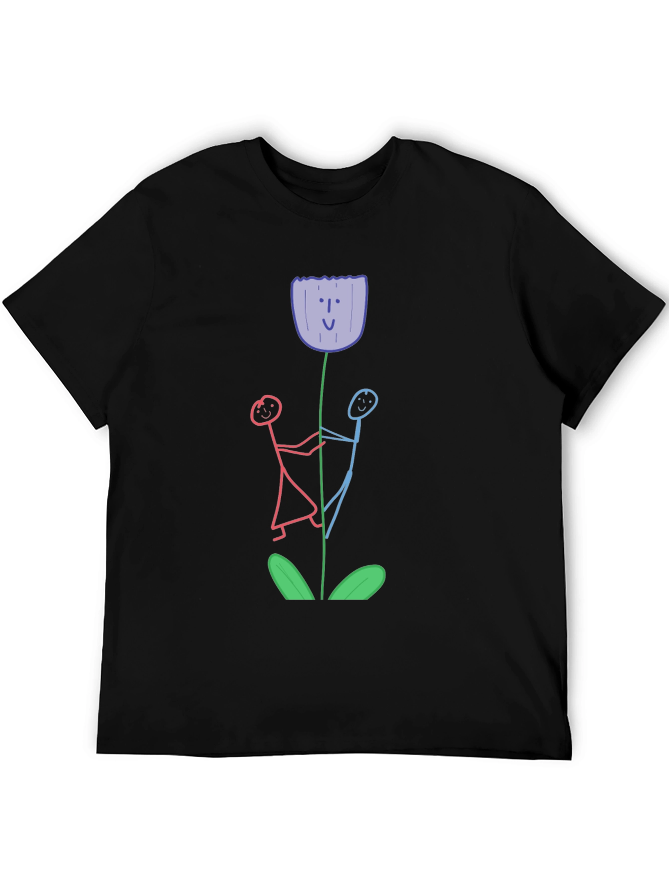 Black Whimsical Flower T-Shirt - Stick Figure Art view 5