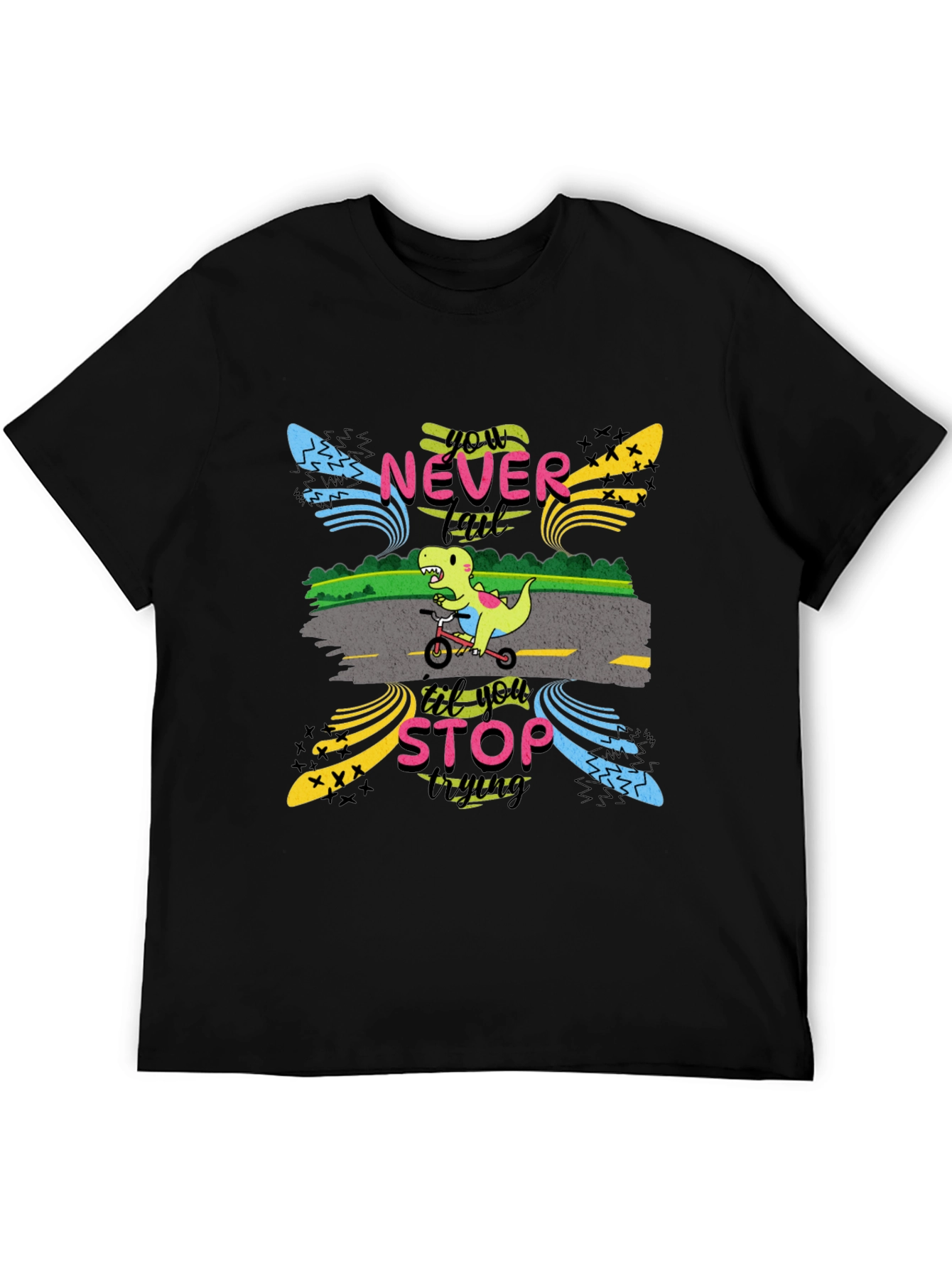 Black Never Stop Trying T-Shirt: Dino on Bike view 5