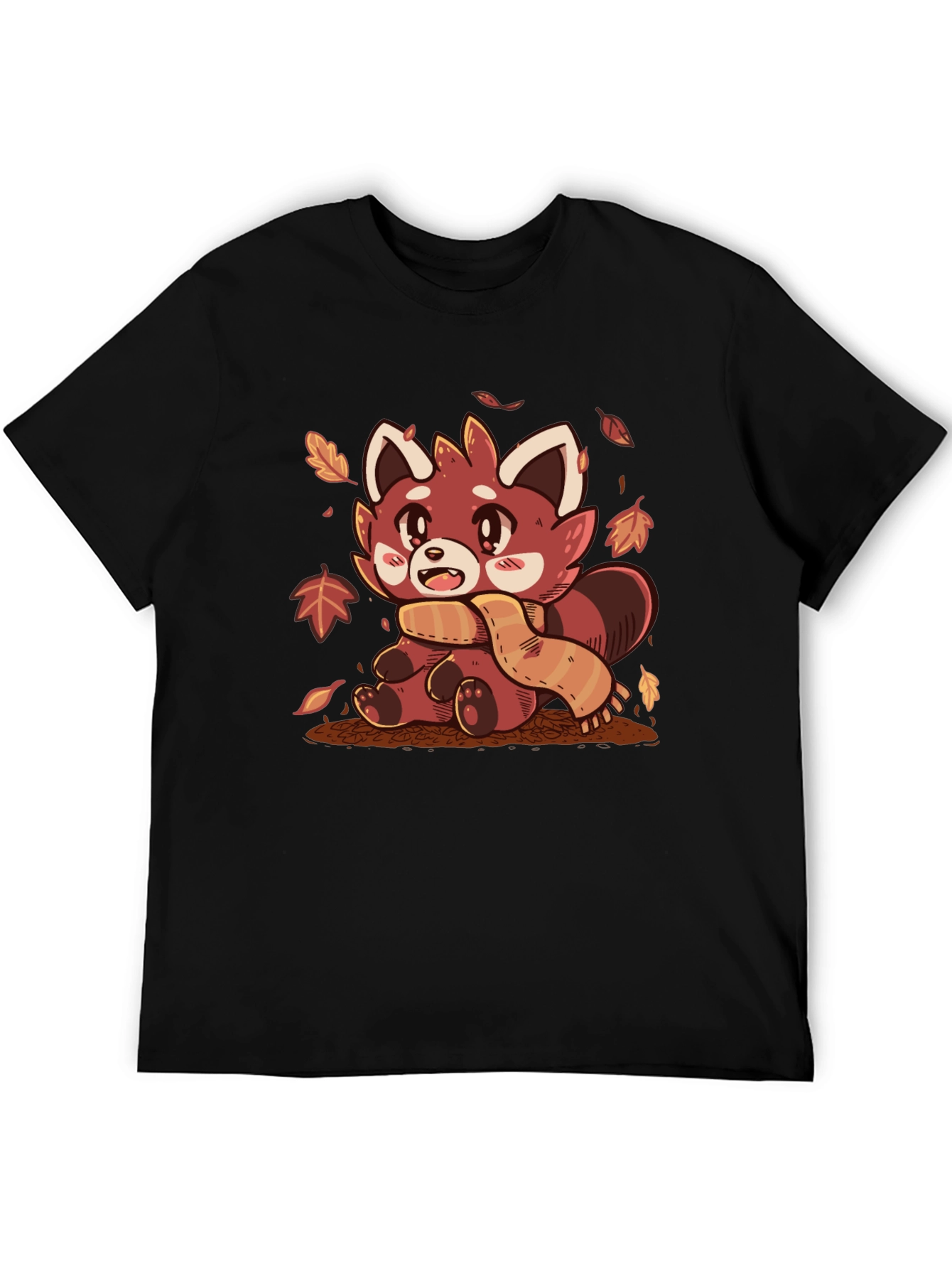 Black Red Panda Scarf Fall Leaves Graphic T-Shirt view 5