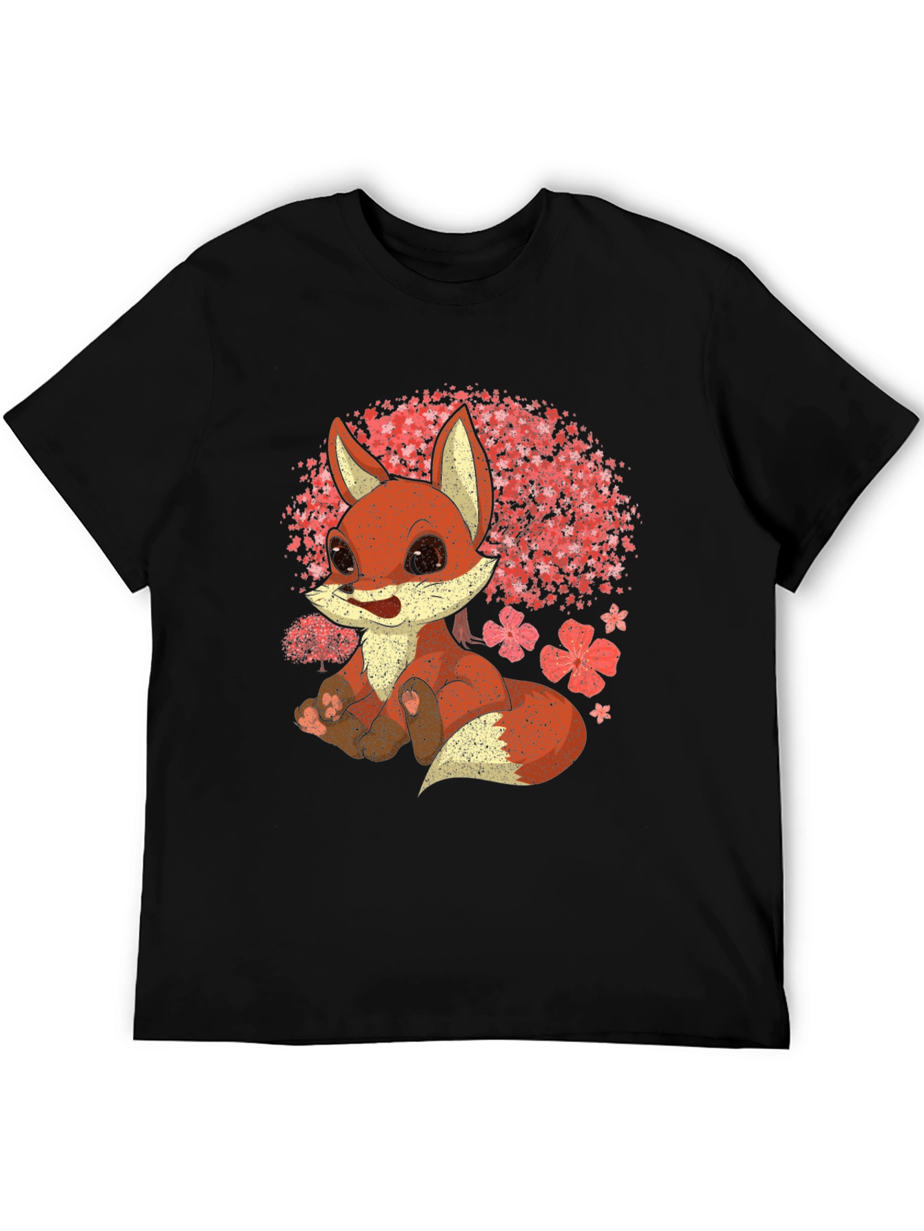 Black Cute Fox T-Shirt - Cherry Blossom Design view 5