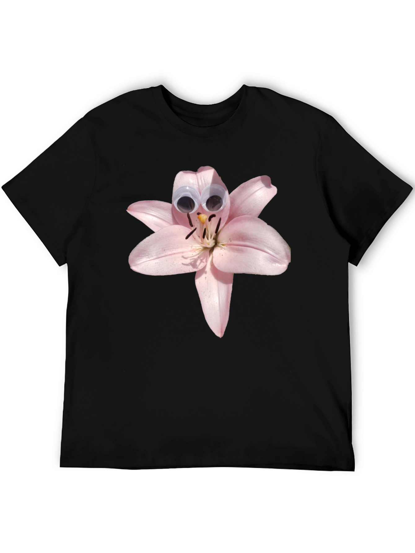 Black Floral Humor Tee: Lily with Googly Eyes view 5
