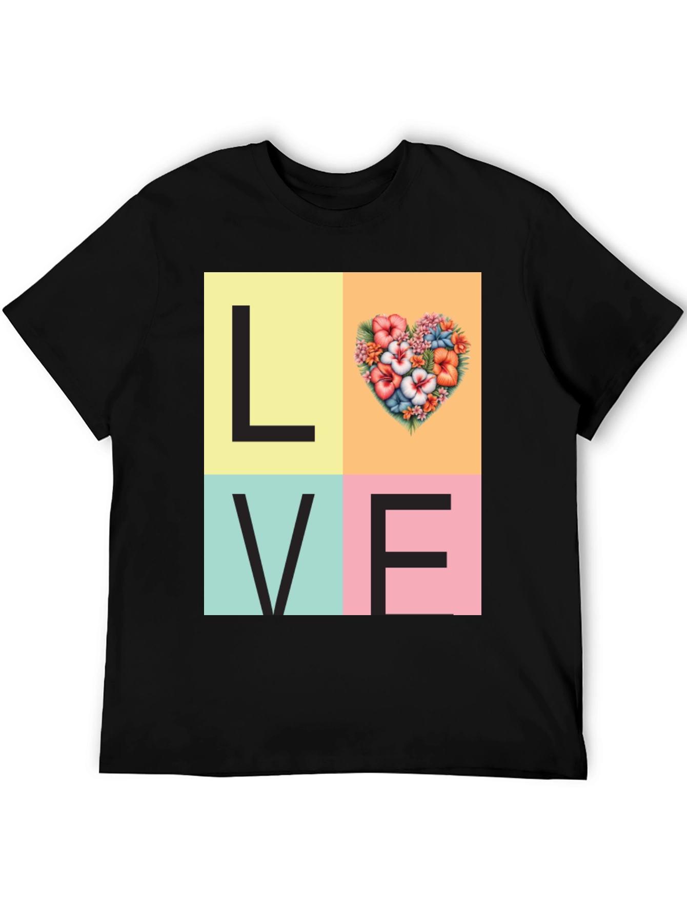 Black Floral Heart LOVE Graphic Tee - Unisex Casual T-Shirt view 5