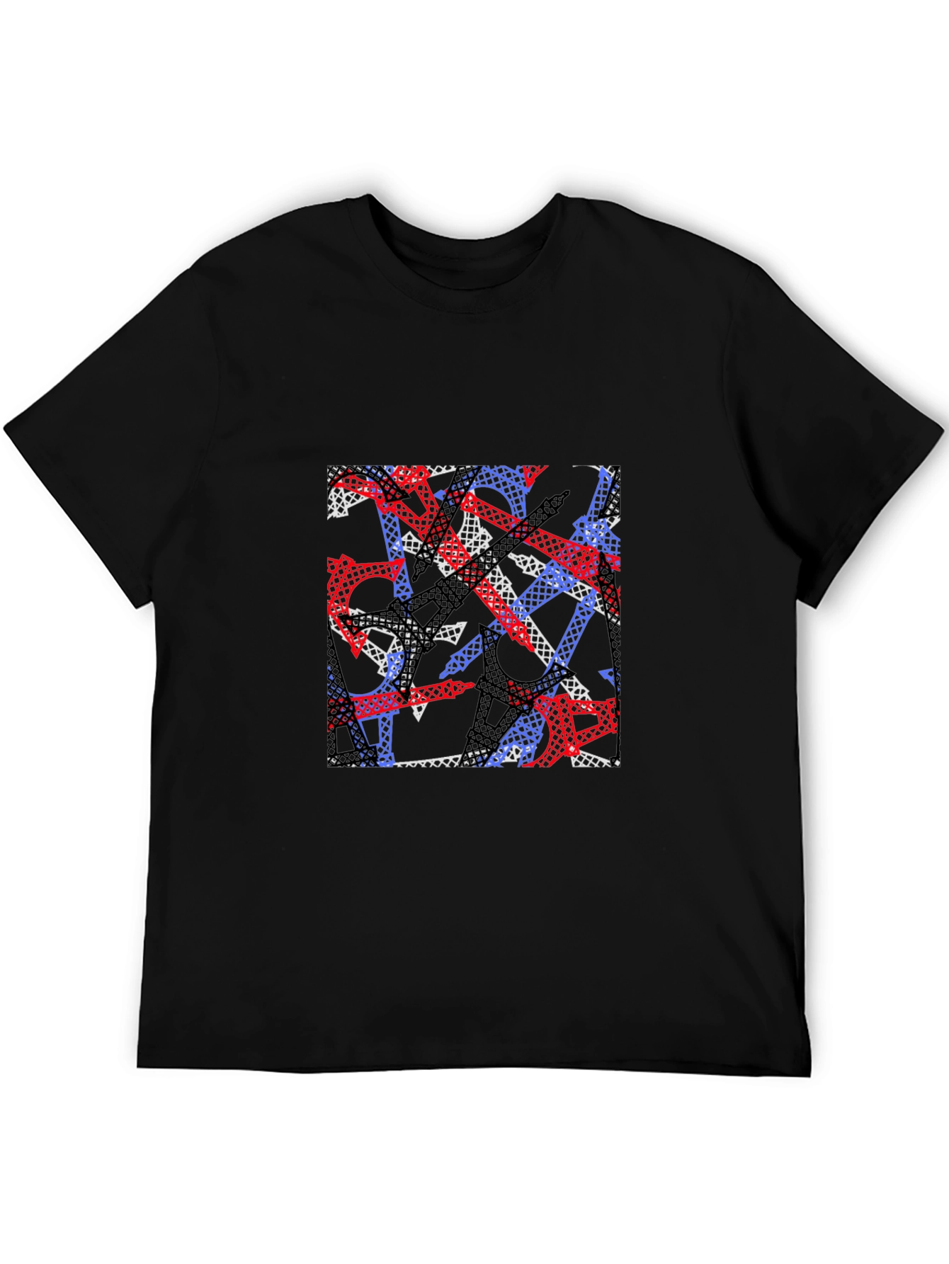 Black Abstract Eiffel Tower Print Men's T-Shirt view 5