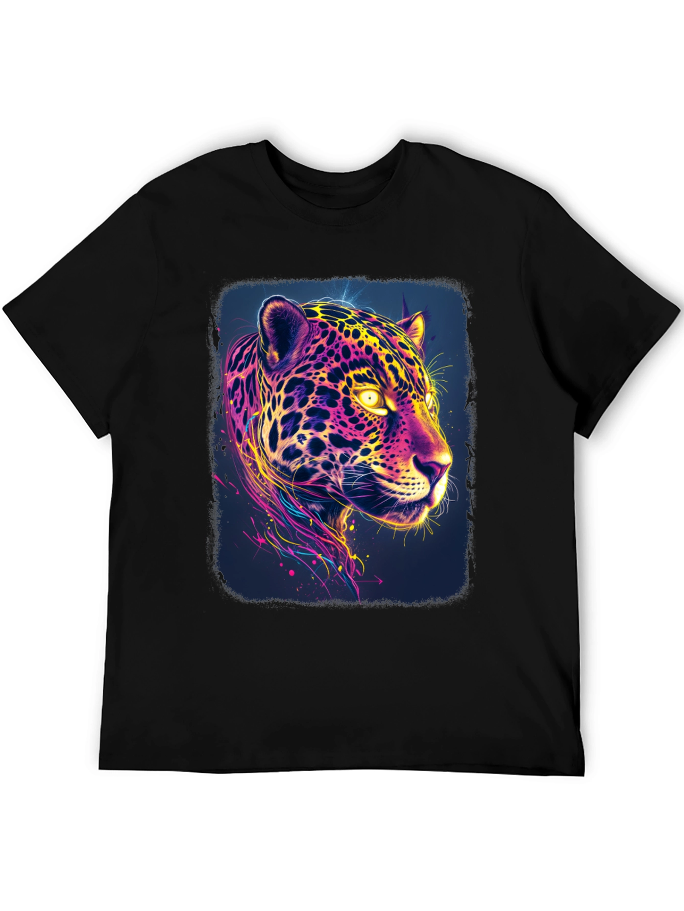Black Vibrant Neon Jaguar Graphic Black T-Shirt view 5
