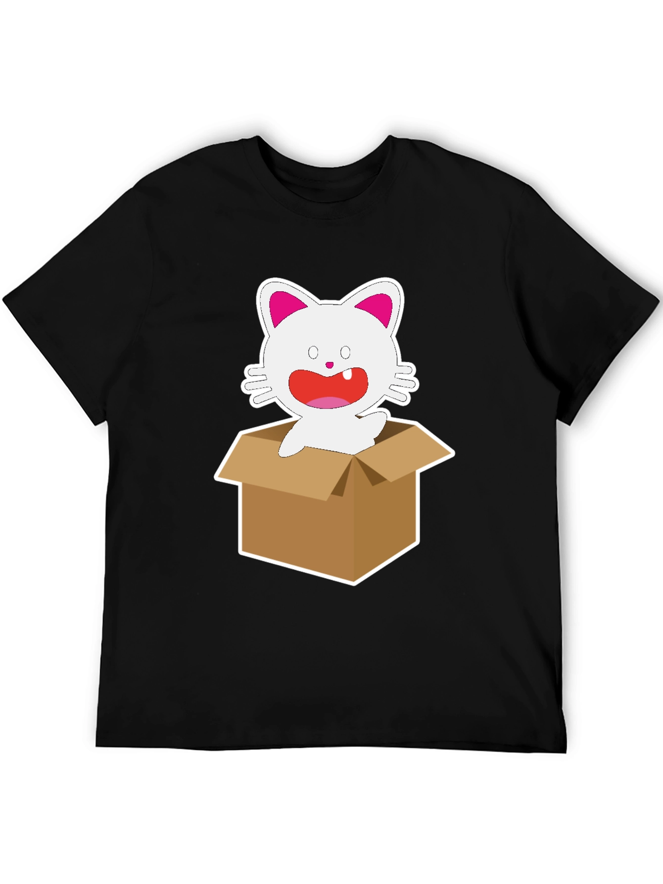 Black Cartoon Cat in Box Graphic Tee - Unisex Black T-Shirt view 5