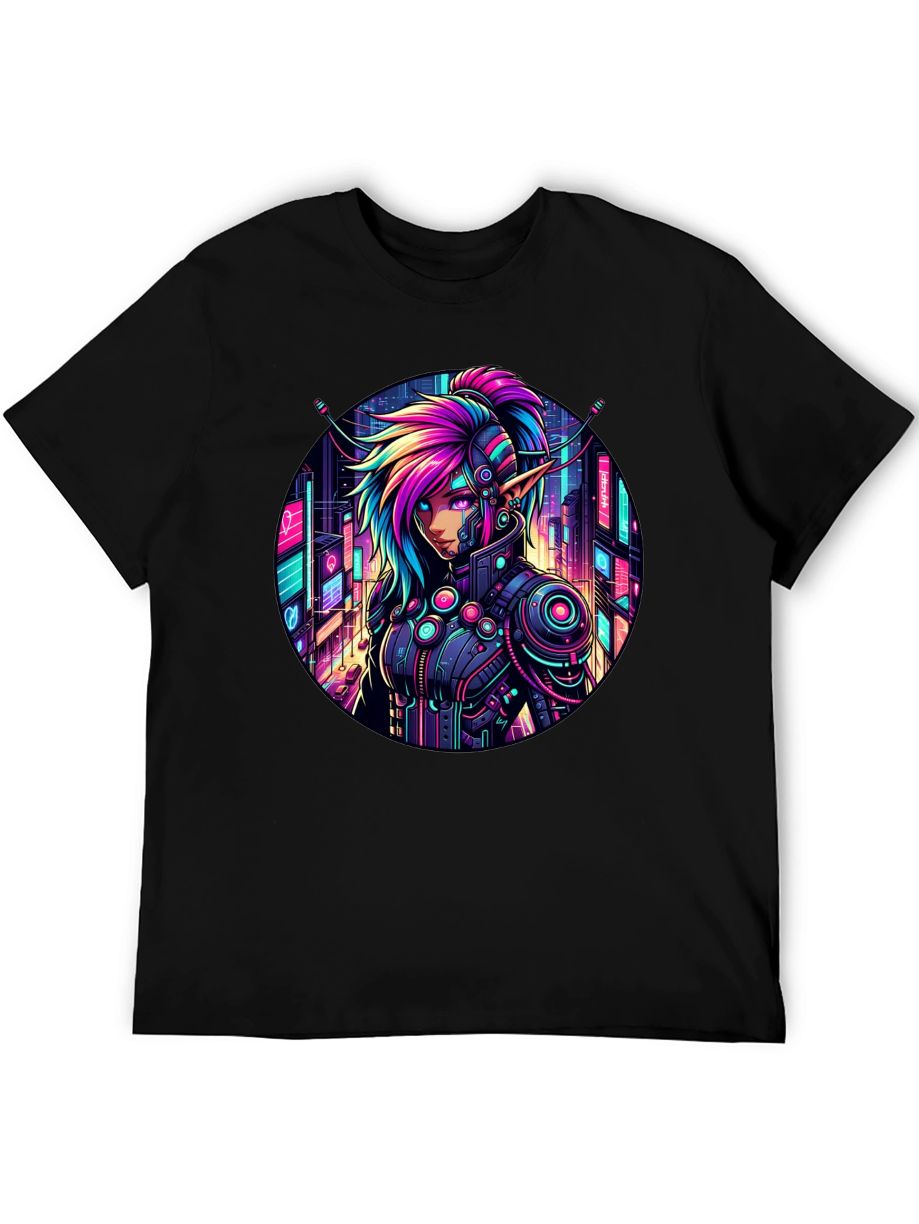 Black Cyberpunk Elf T-Shirt: Neon Cityscape Graphic Tee view 5