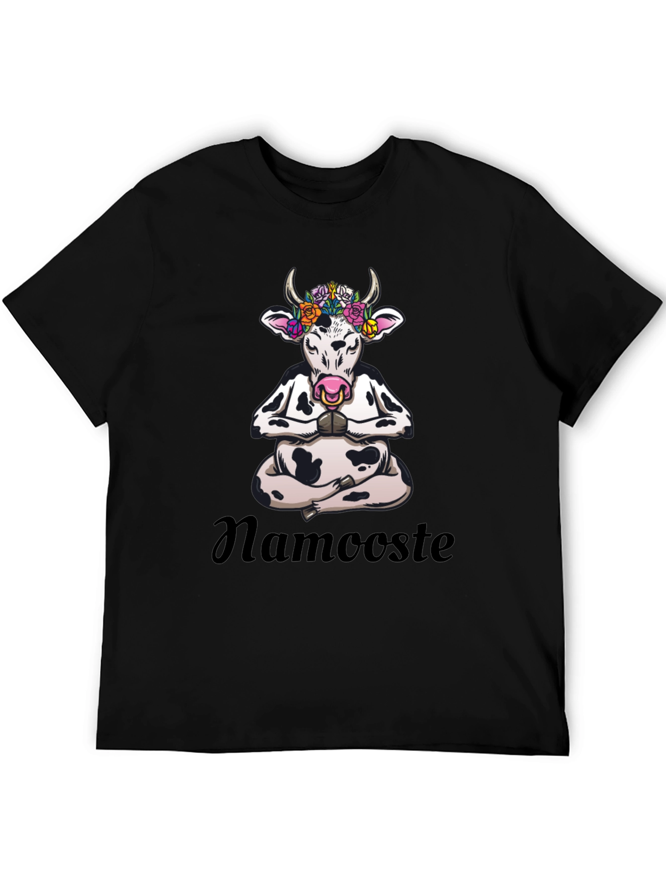 Black Namaste Cow T-Shirt: Meditating Cow with Flowers view 5