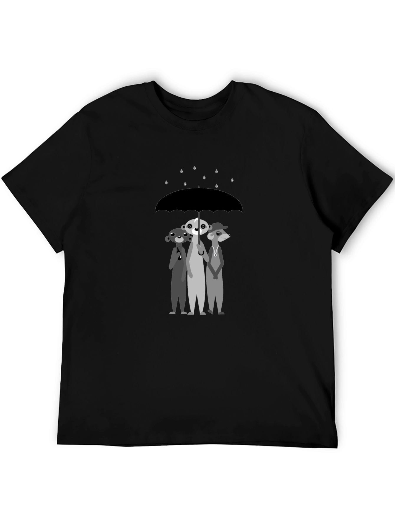 Black Rainy Day Pals T-Shirt: Cartoon Meerkat Design view 5