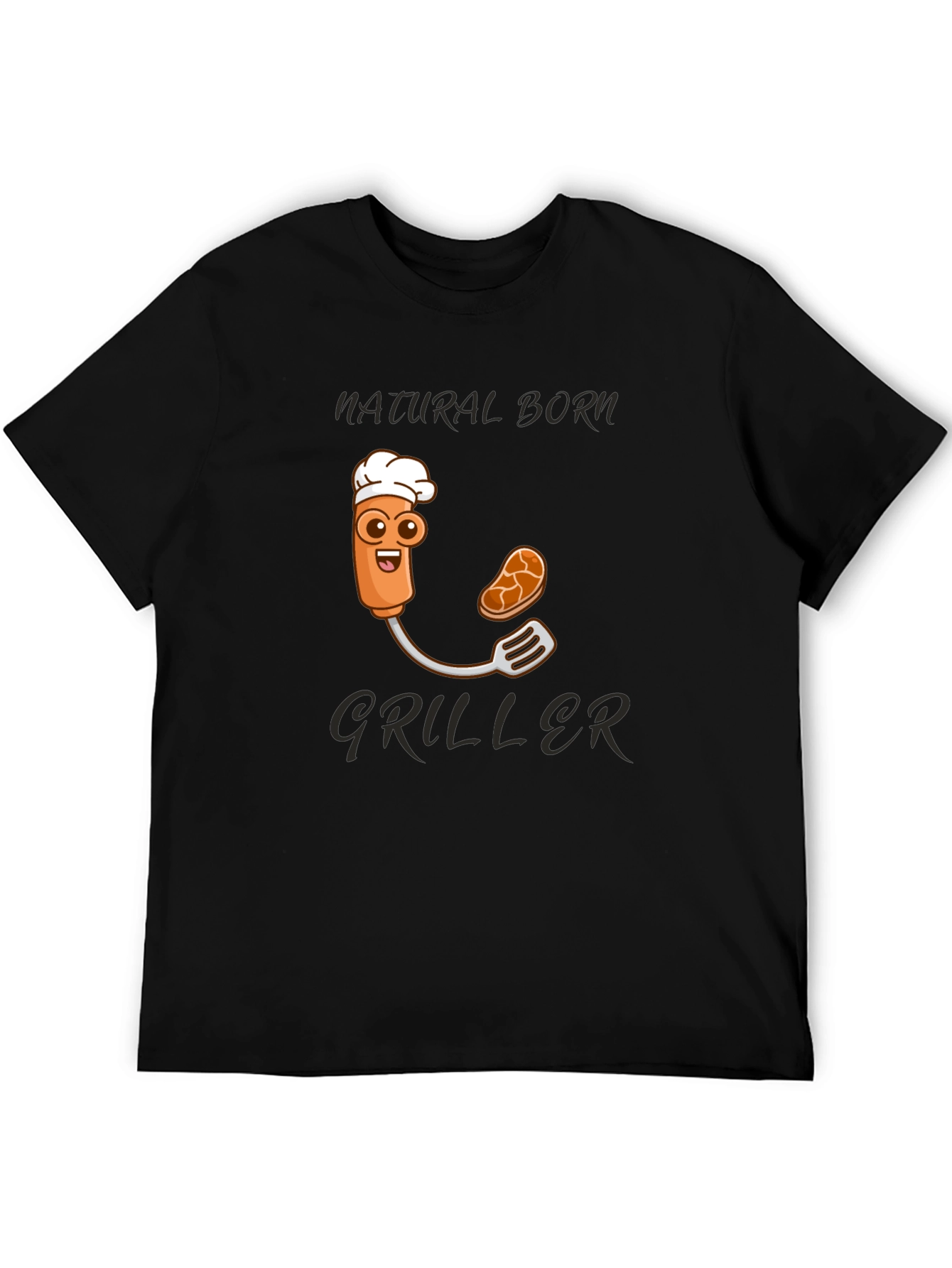 Black Natural Born Griller T-Shirt - BBQ Cartoon Chef view 5