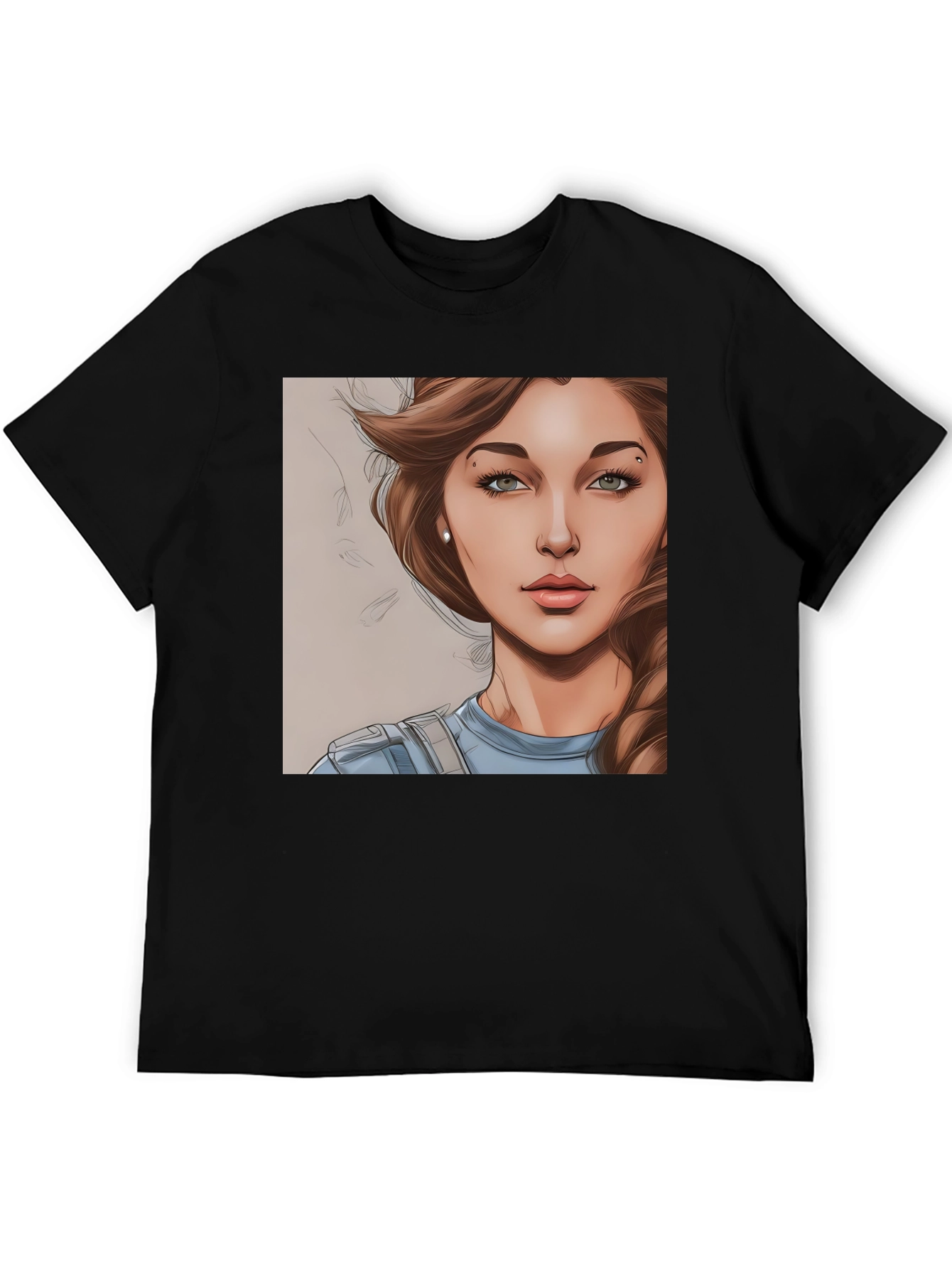 Black Woman Cartoon Portrait Black T-Shirt view 5