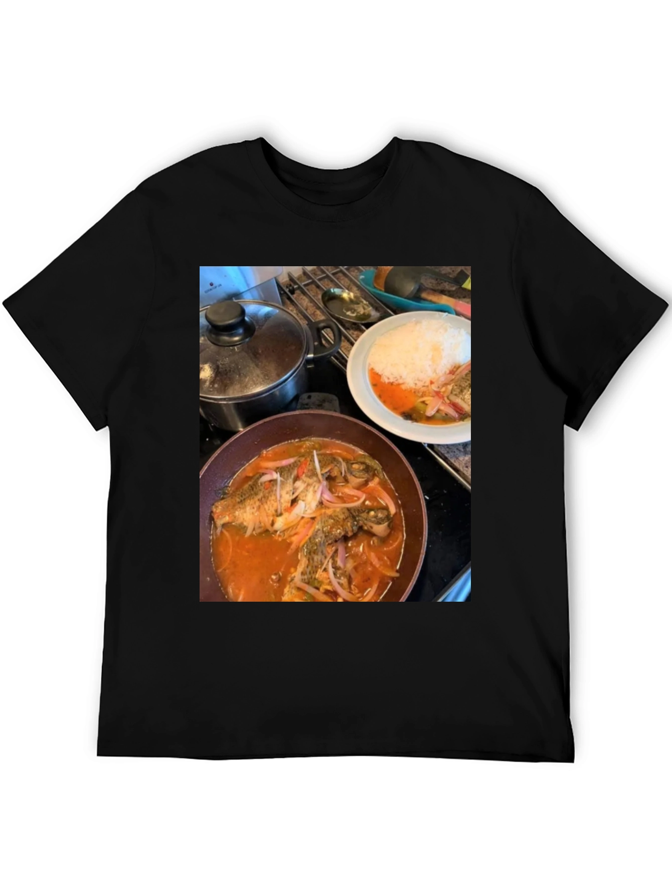Black Foodie T-Shirt: Delicious Fish Dish Design view 5