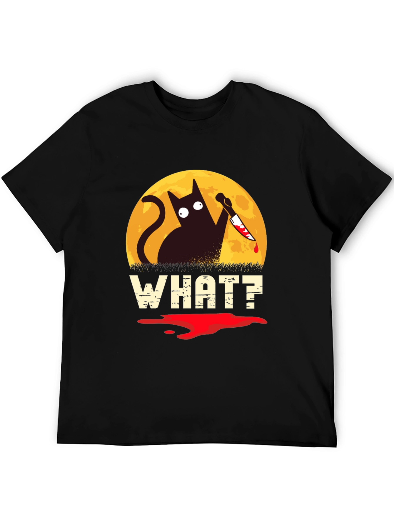 Black Funny Cat What? T-Shirt Halloween Black Cat with Knife Tee view 5