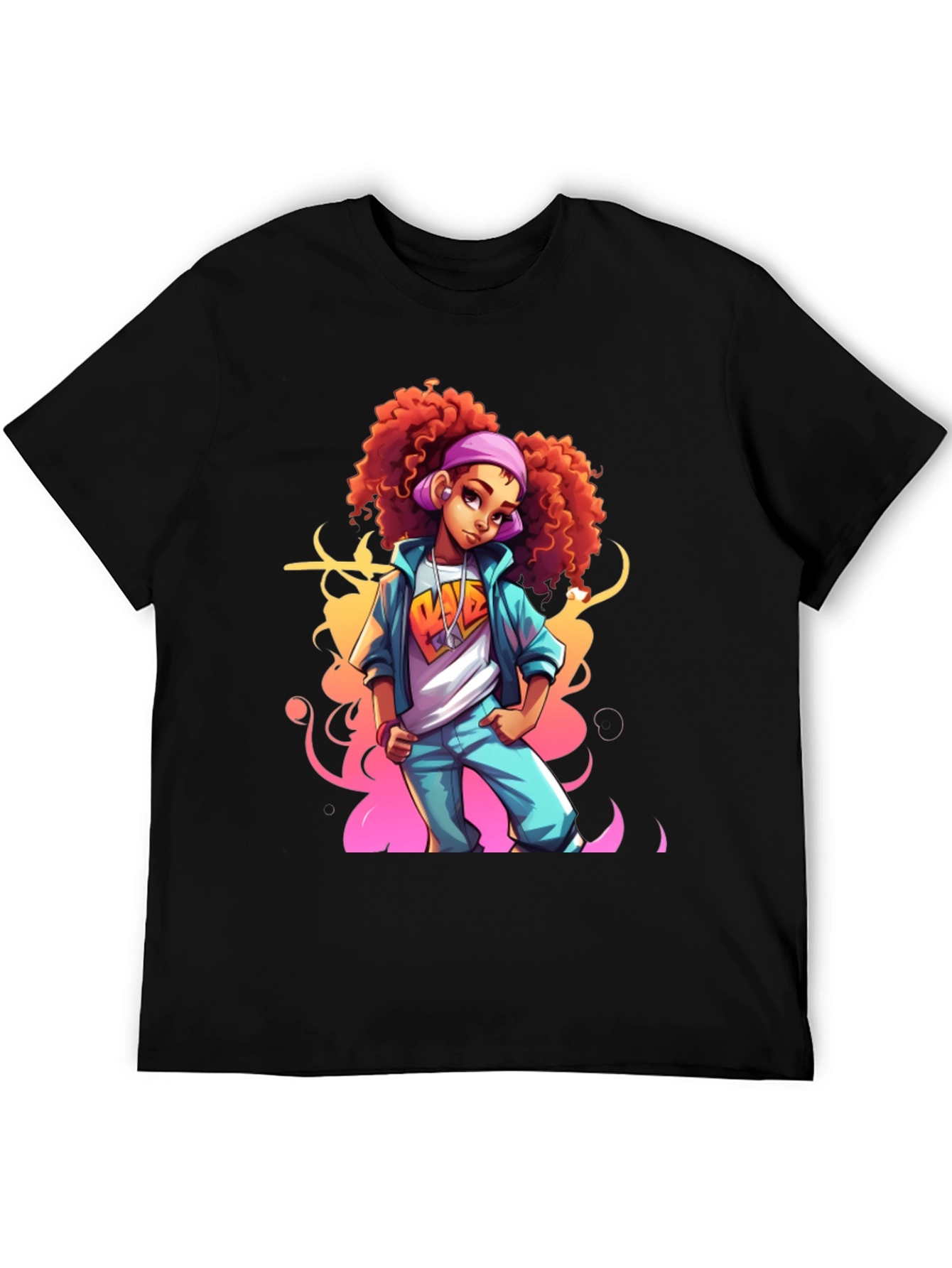 Black Cartoon Girl Graphic Black T-Shirt view 5