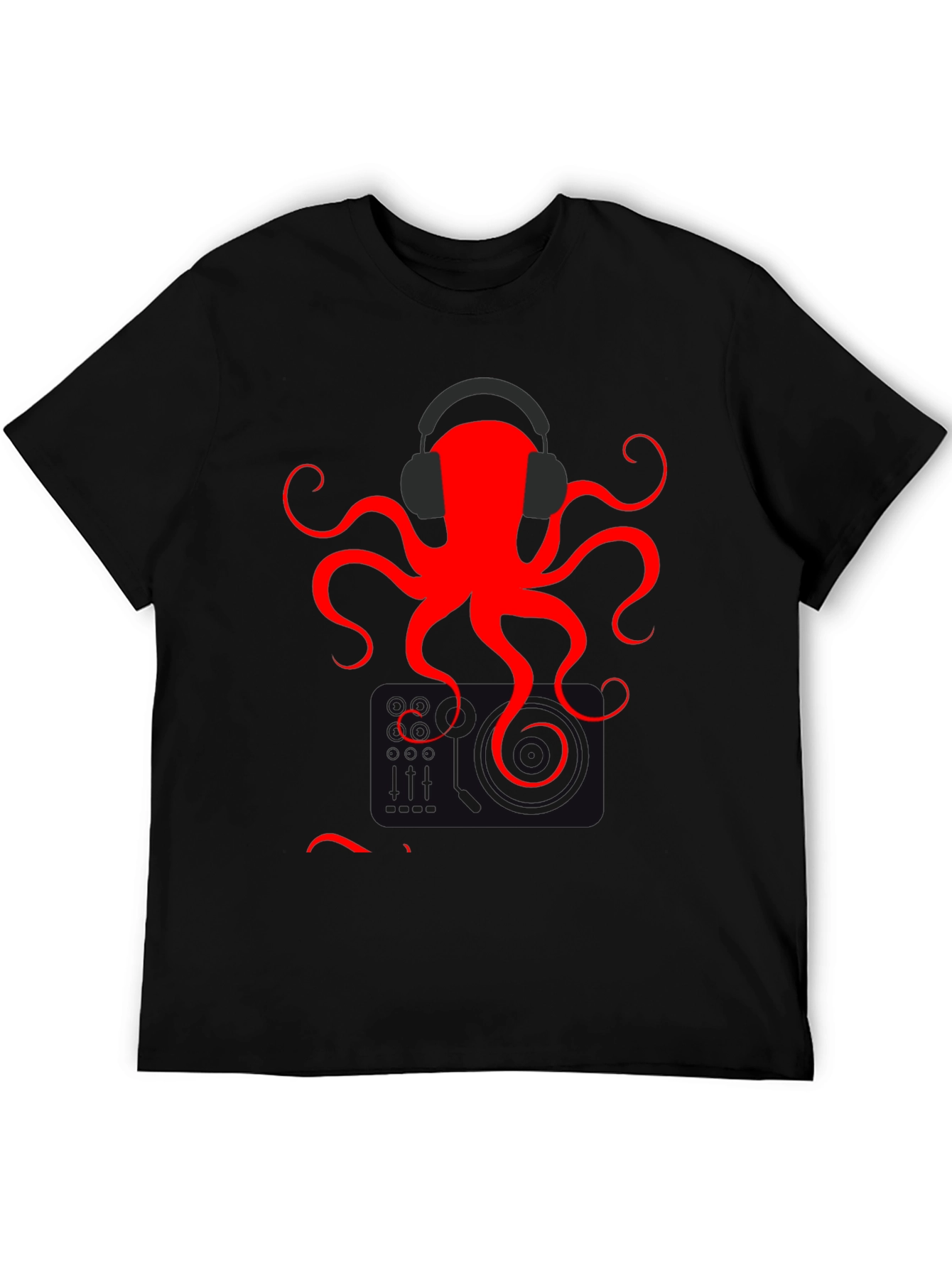 Black Red Octopus Headphones Graphic T-Shirt view 5