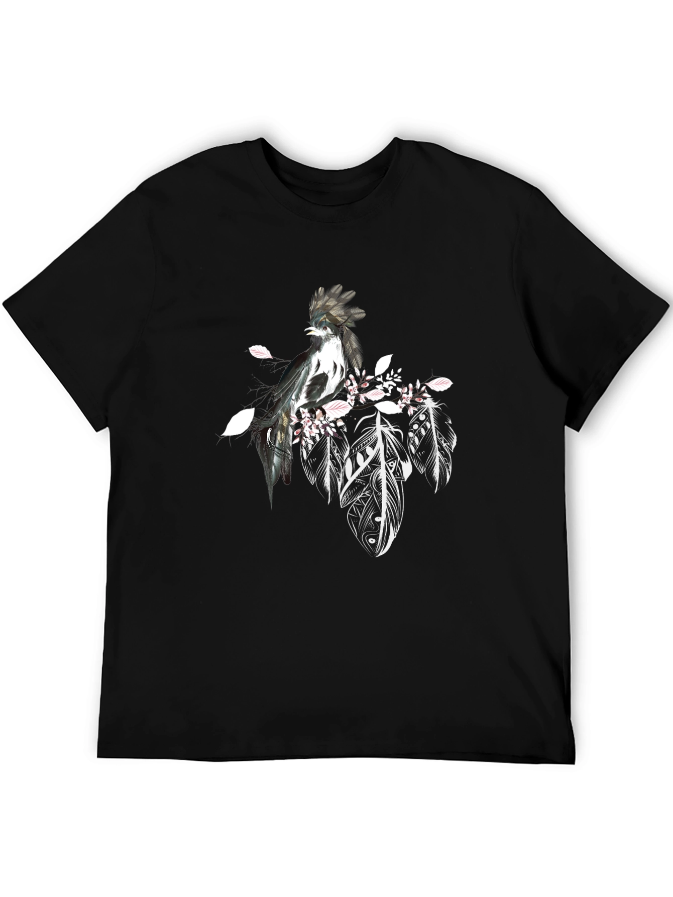 Black Black T-Shirt with Bird and Feathers Design view 5
