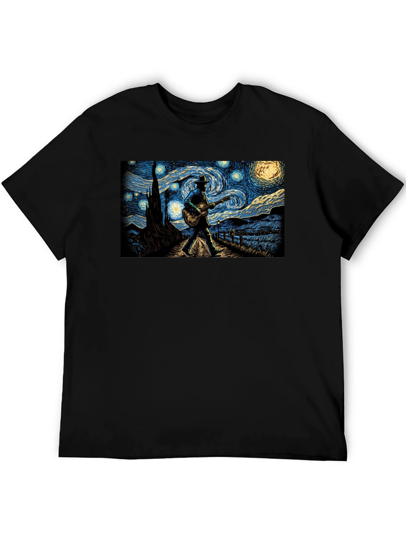 Black Starry Night Guitar Player Graphic Tee view 5