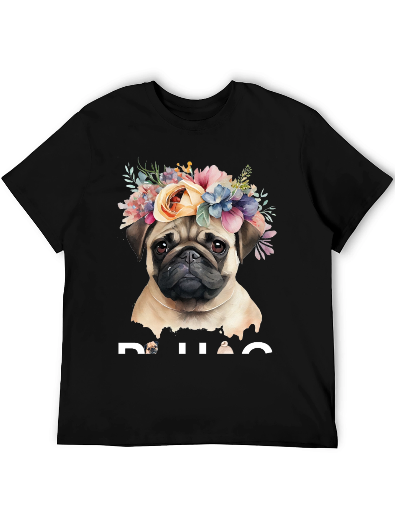 Black Pug Floral Crown Graphic Tee - Black Cotton T-Shirt view 5