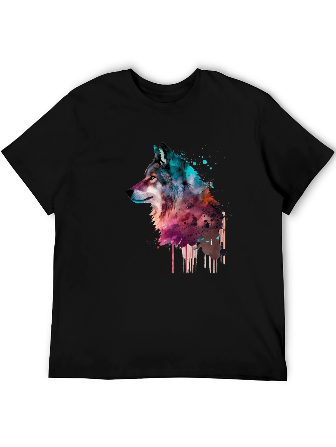 Black Watercolor Wolf Graphic Black T-Shirt view 5