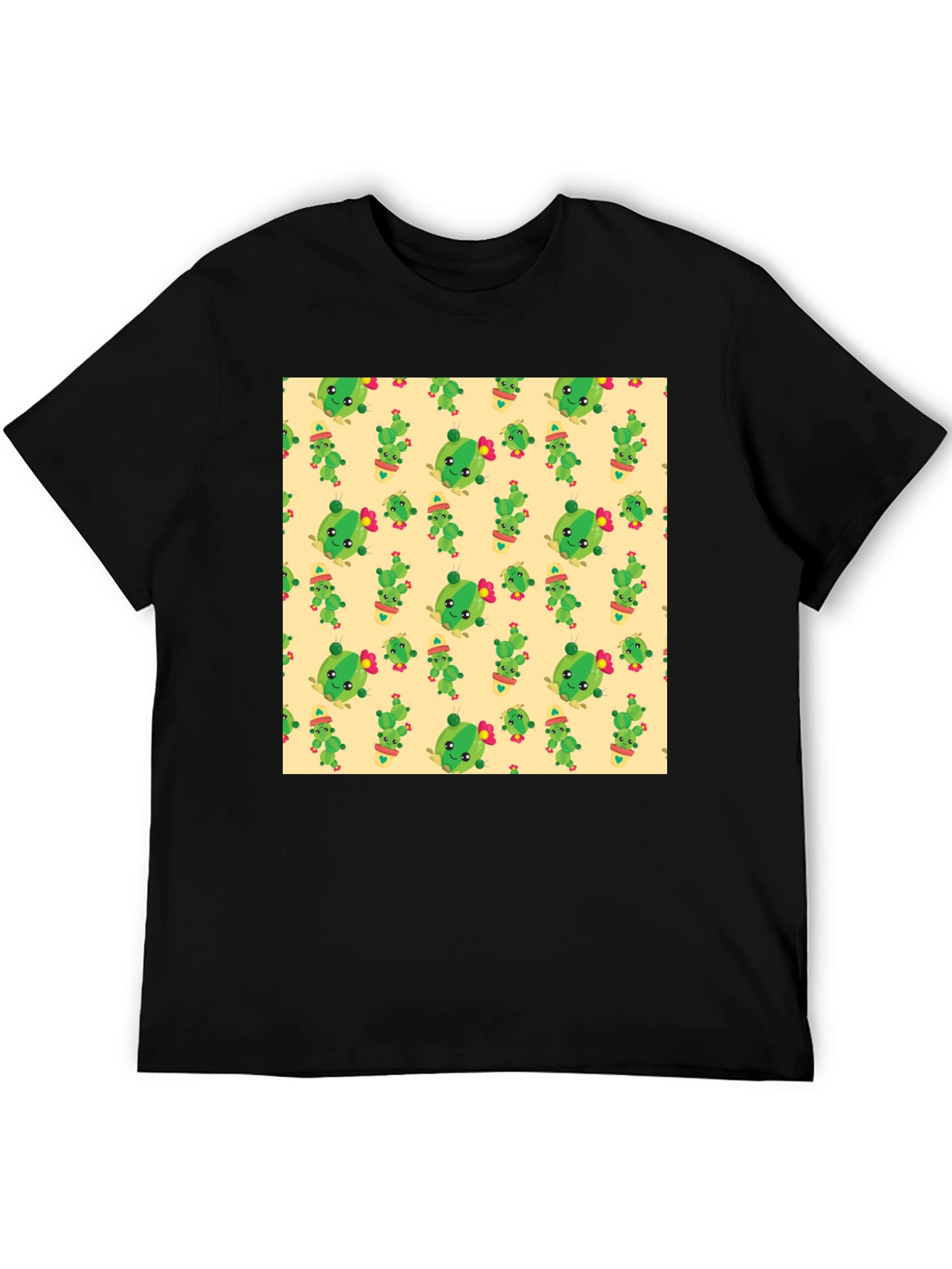 Black Cute Cactus Pattern Black T-Shirt view 5