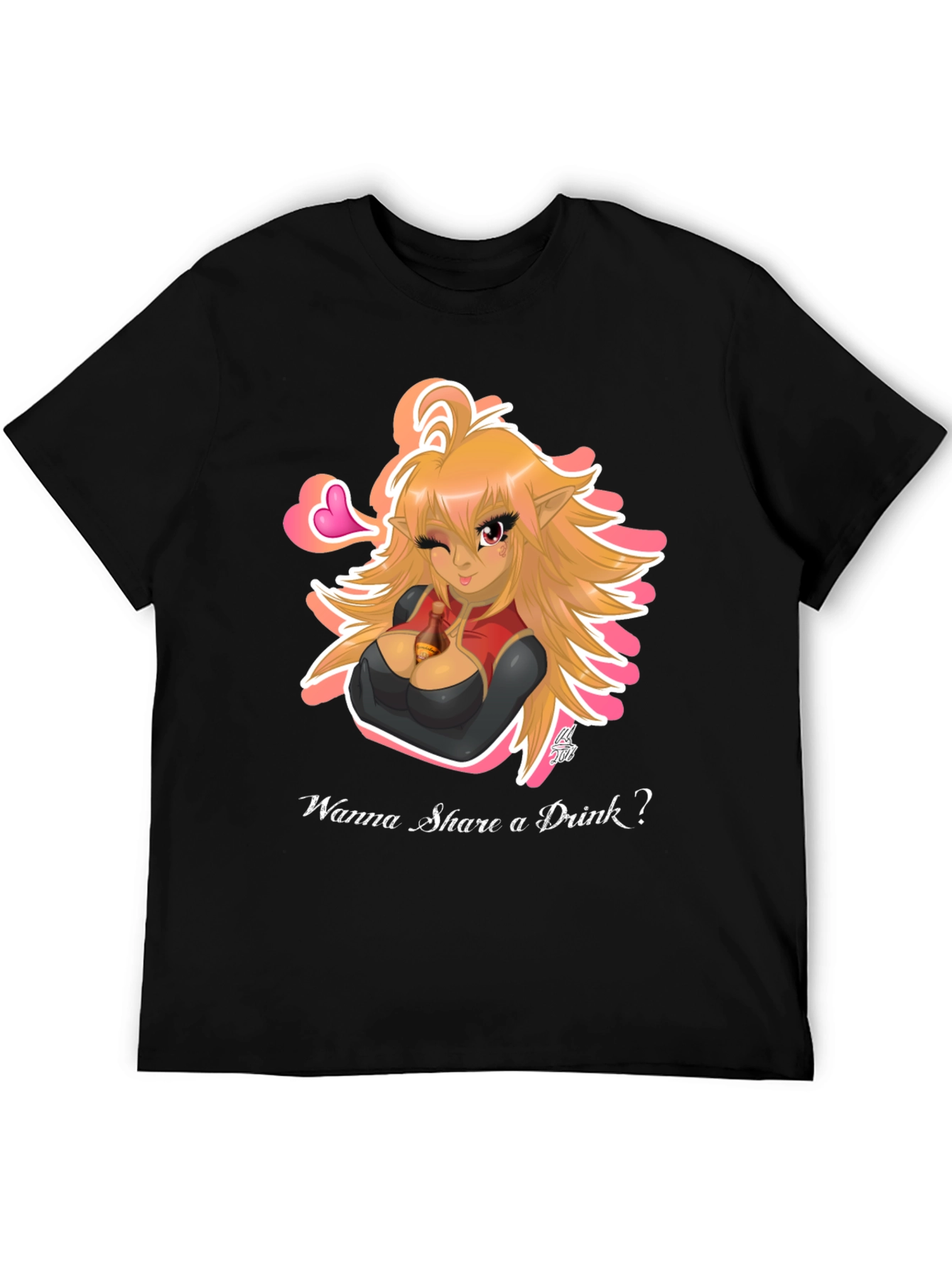 Black Anime Girl "Wanna Share a Drink?" Black T-Shirt view 5