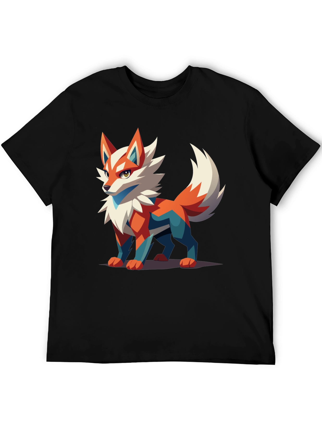 Black Men's Black T-Shirt with Geometric Fox Graphic view 5