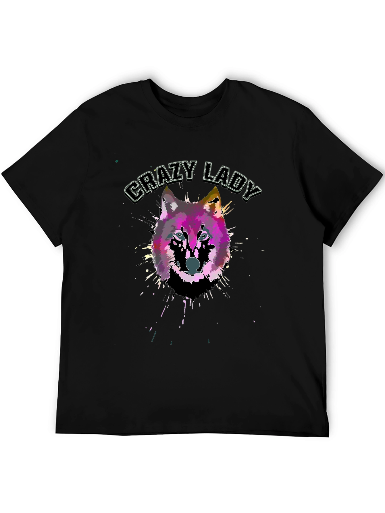 Black Crazy Lady Wolf Graphic Black T-Shirt view 5