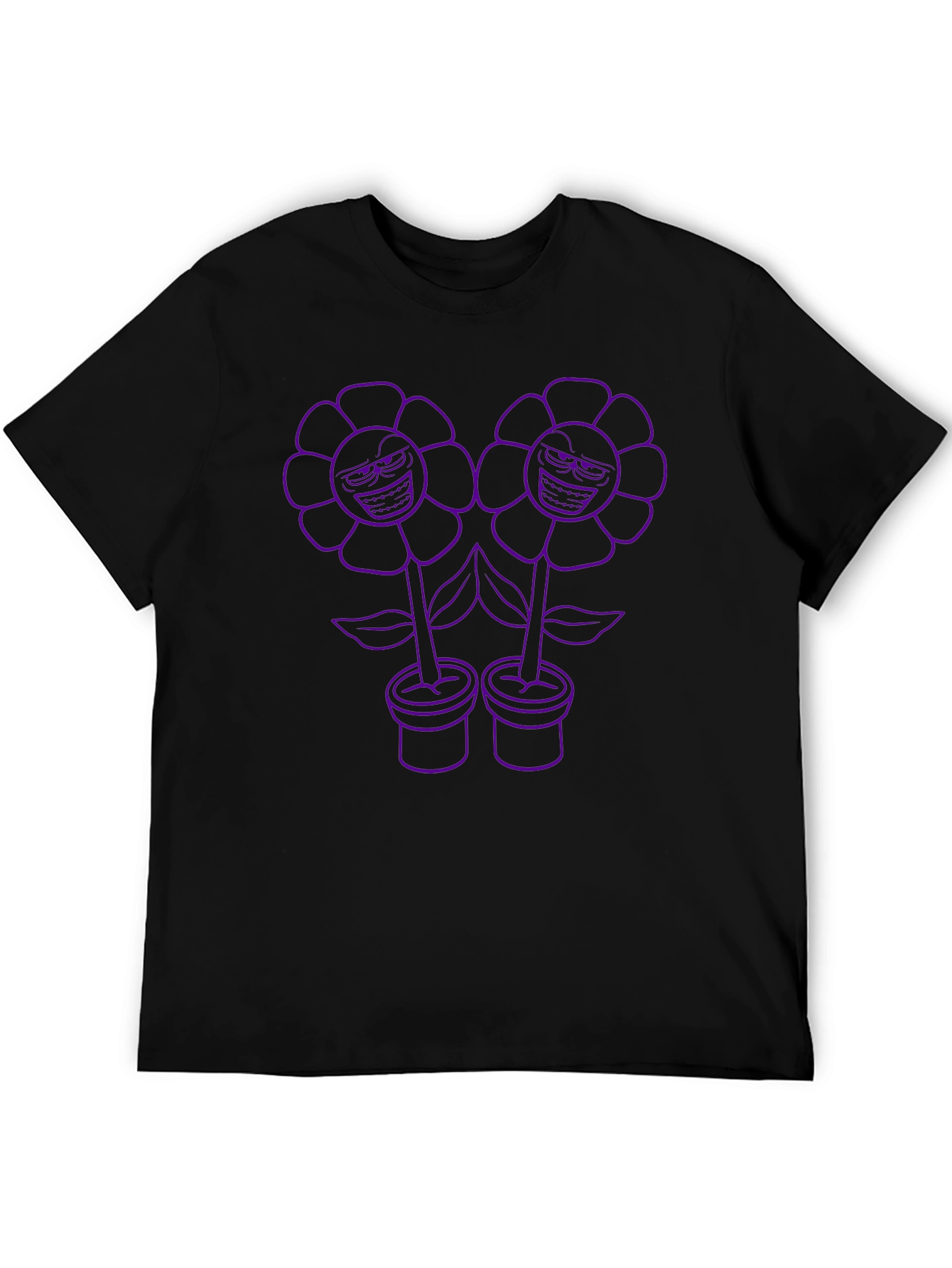 Black Men's Black T-Shirt with Cartoon Flower Print view 5