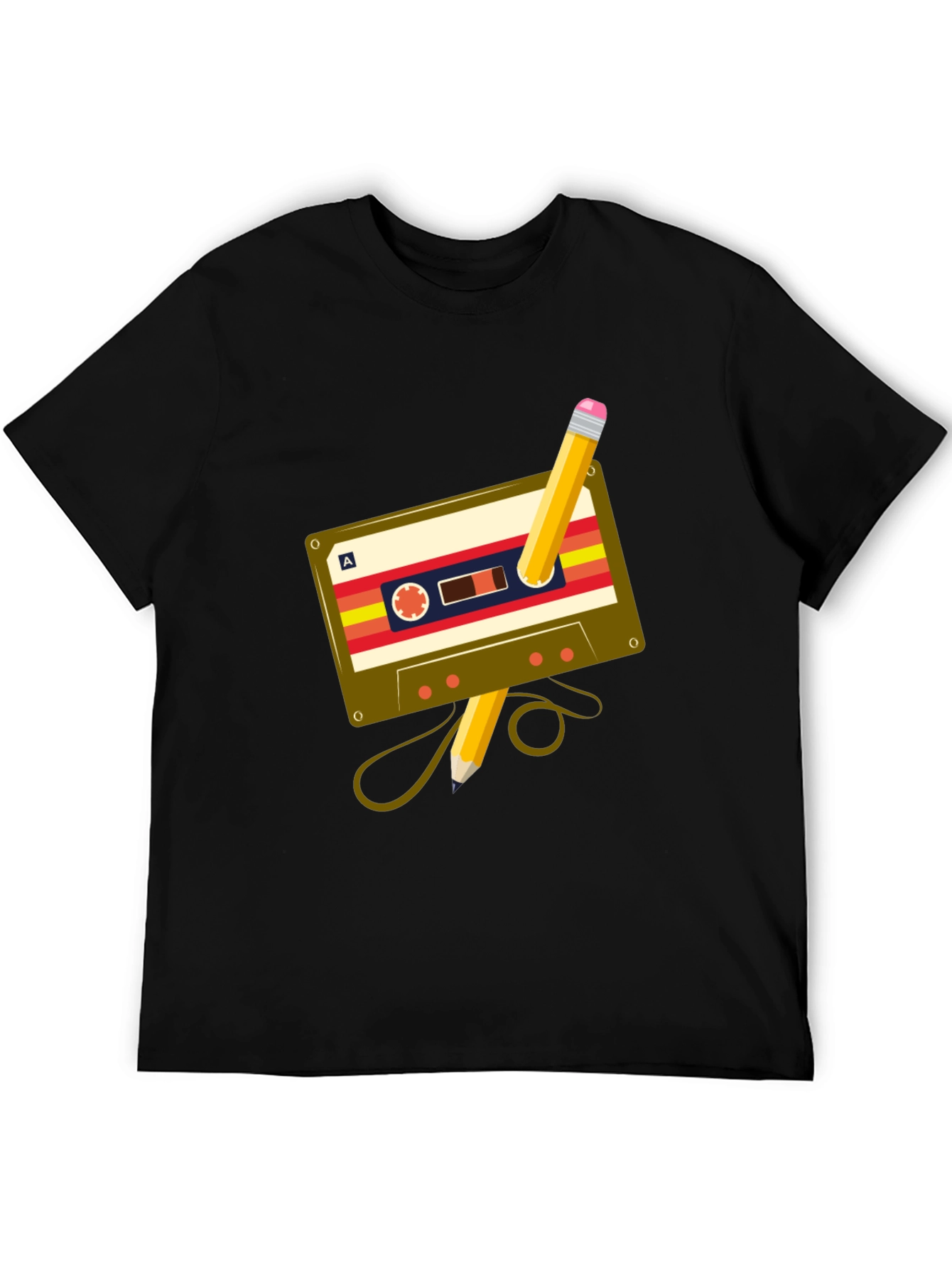 Black Retro Cassette & Pencil Graphic Tee - Music Lover's T-Shirt view 5