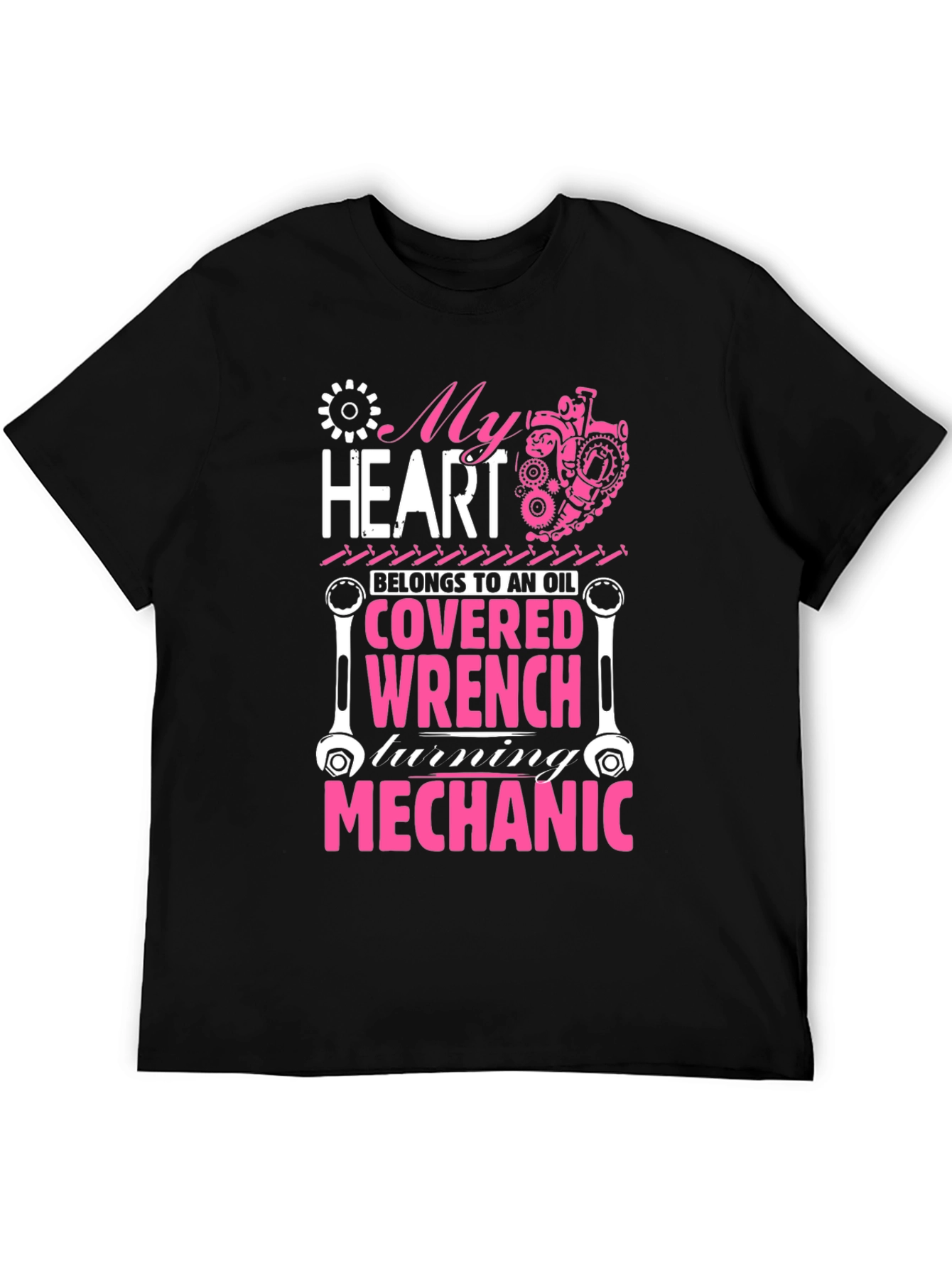 Black Mechanic Heart T-Shirt: Oil Covered Wrench Design view 5