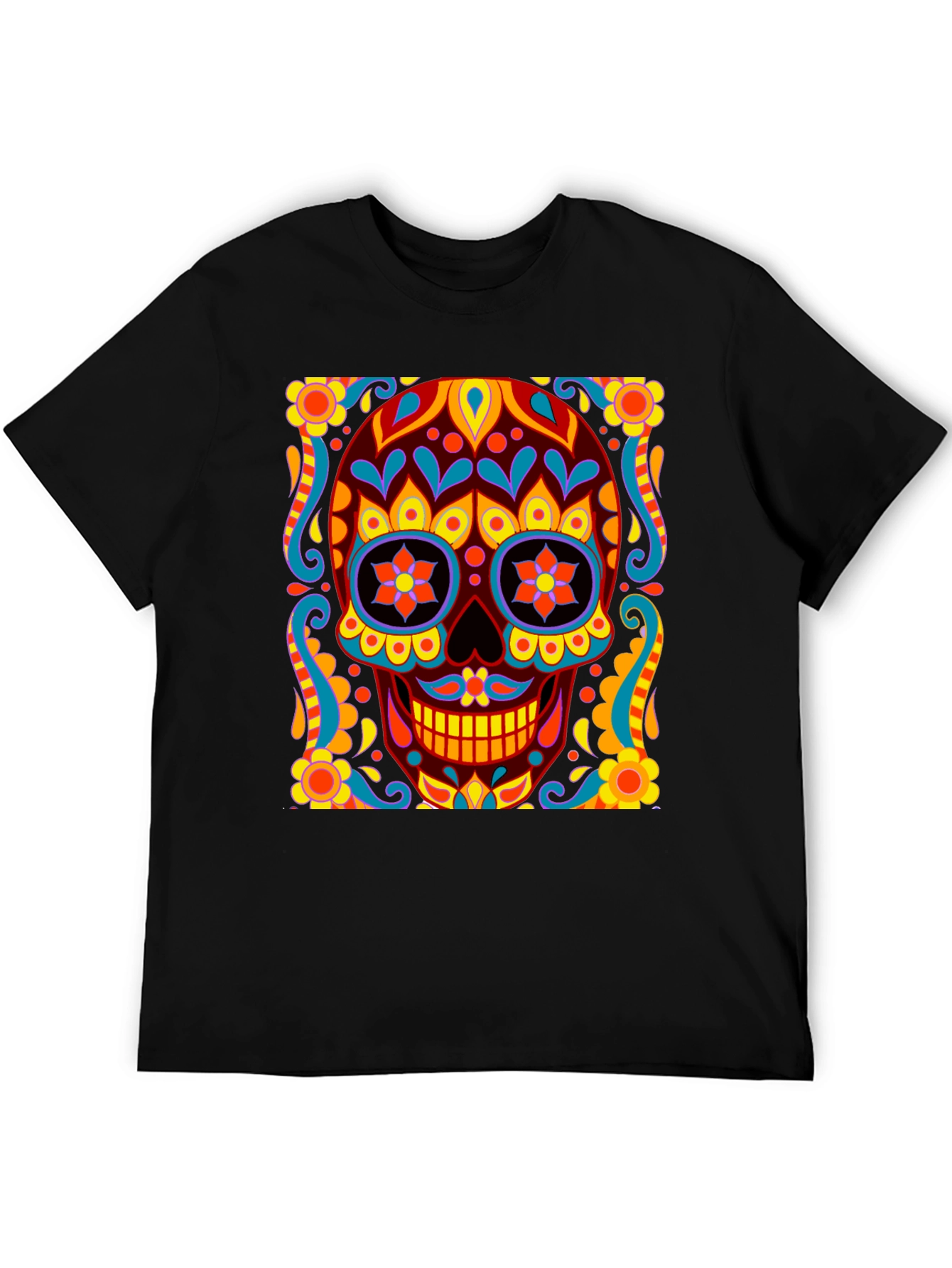 Black Day of the Dead Skull Graphic Black T-Shirt view 5