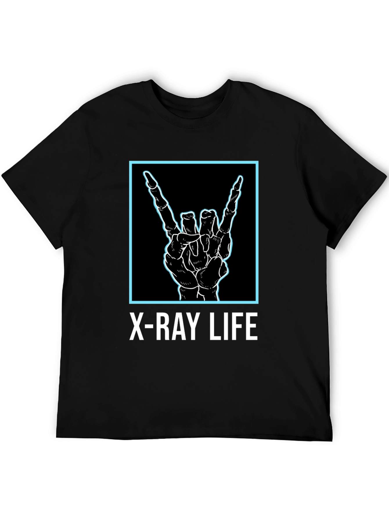 Black X-Ray Life Skeleton Hand Rock On T-Shirt view 5