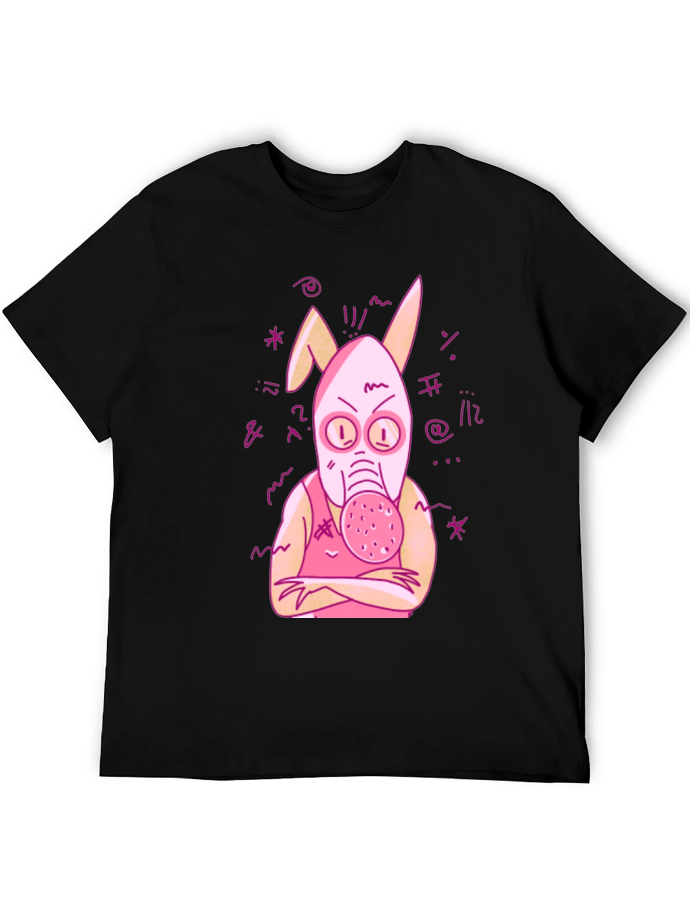 Black Unique Graphic Tee - Pink Bunny Gas Mask Design view 5