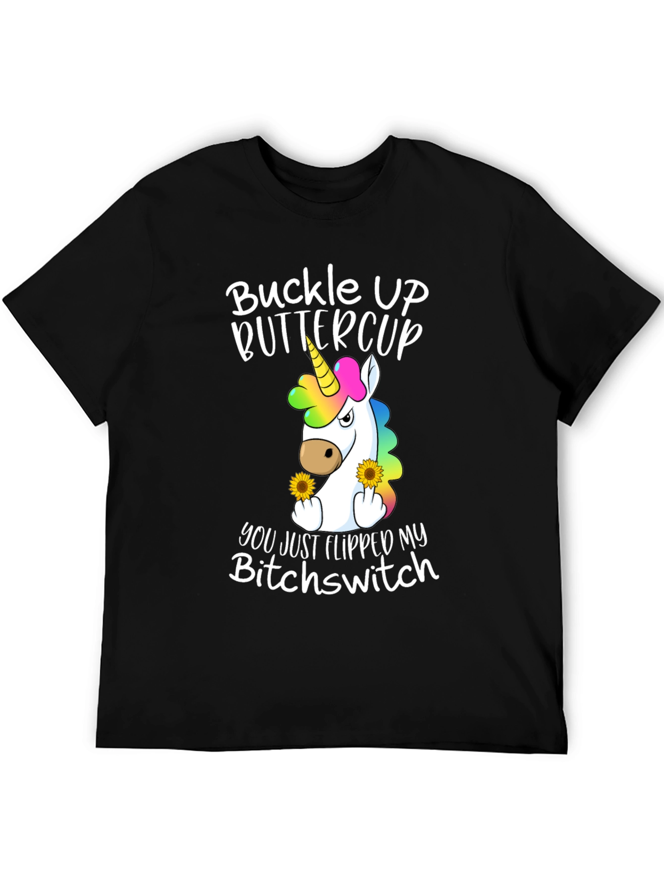 Black Buckle Up Buttercup T-Shirt - Unicorn Flipping You Off view 5