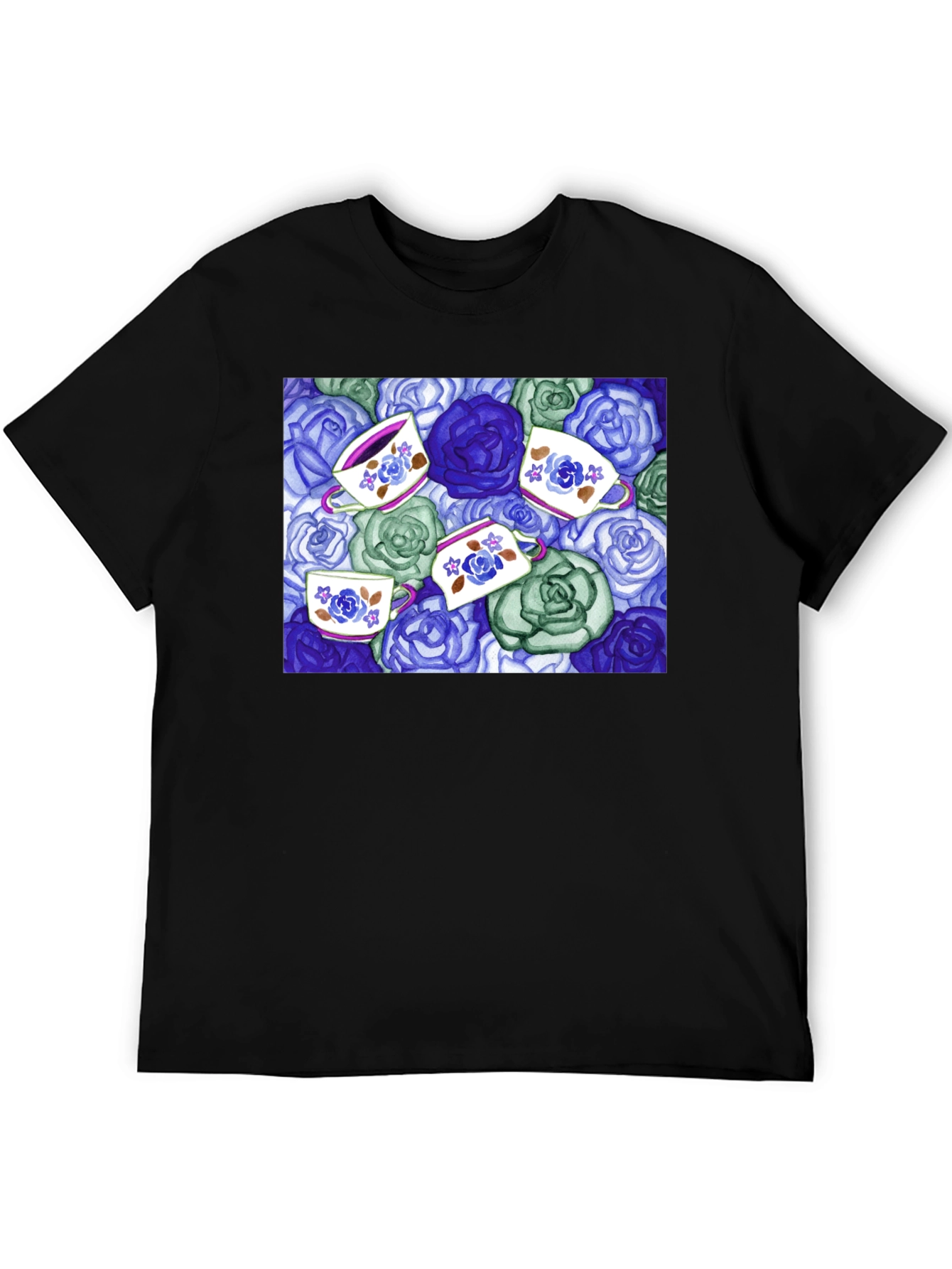 Black Floral Tea Cup T-Shirt - Unique Design view 5