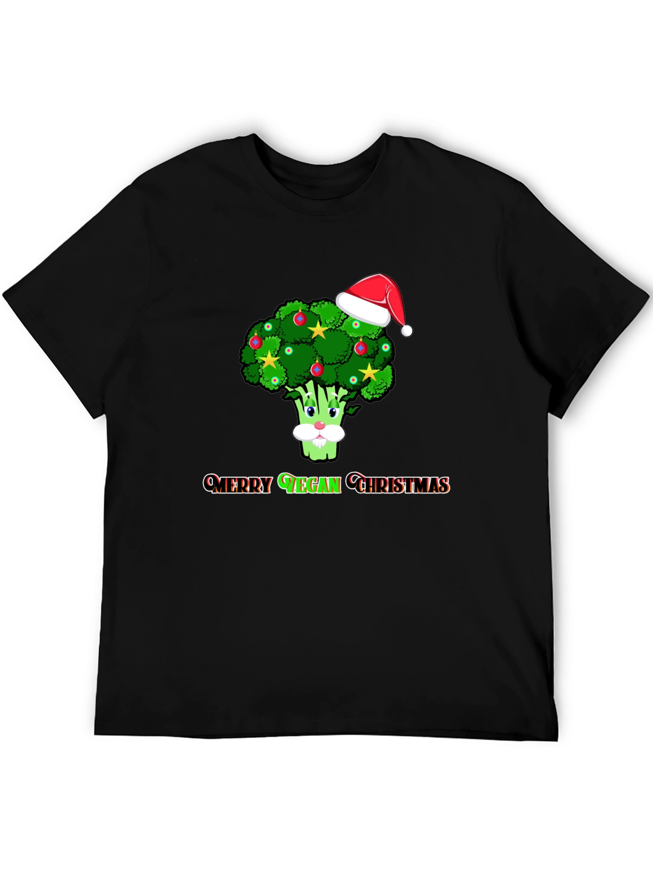 Black Merry Vegan Christmas T-Shirt - Broccoli Santa Hat view 5
