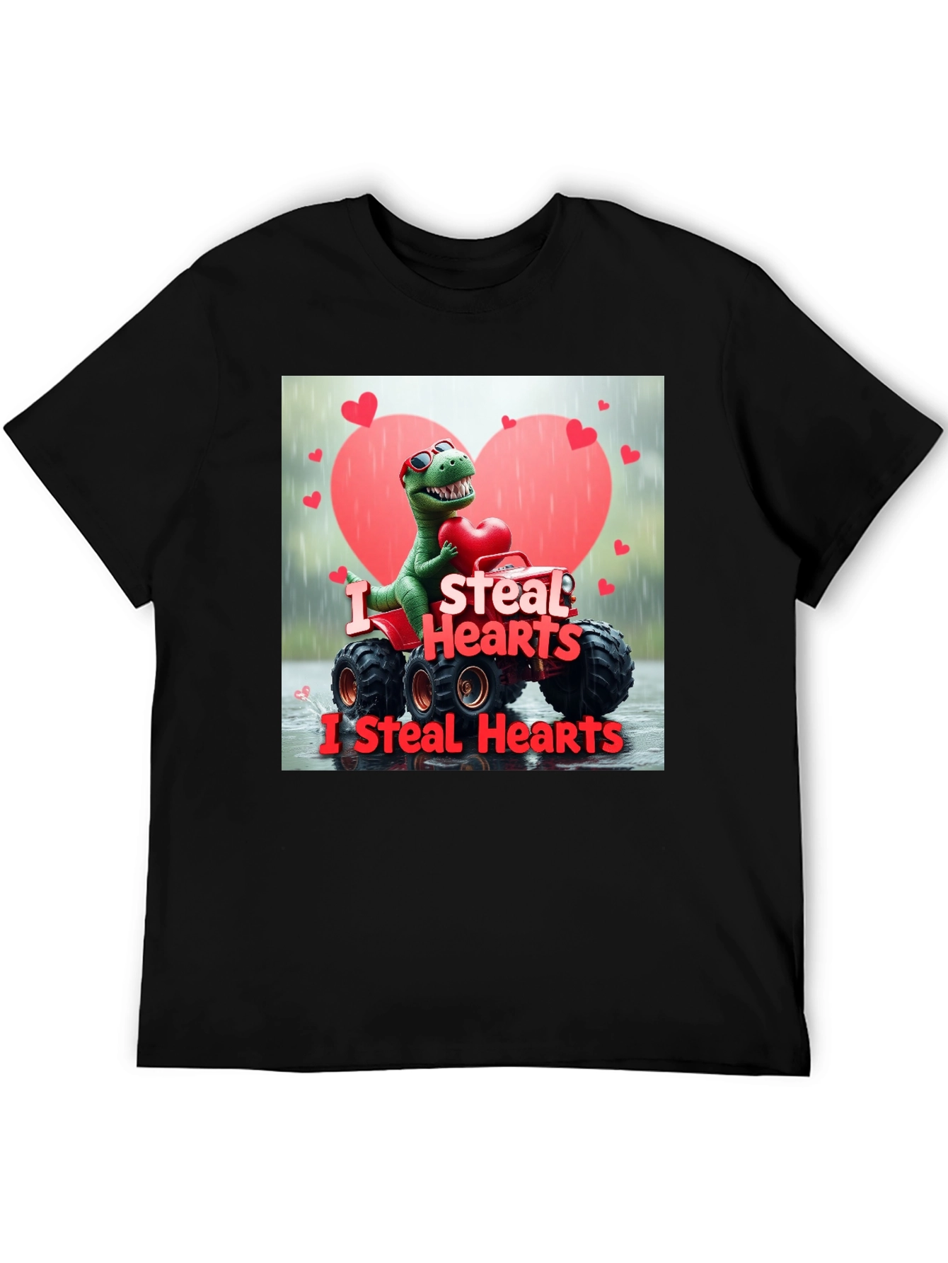 Black I Steal Hearts Dinosaur Monster Truck Valentine's Day T-Shirt view 5