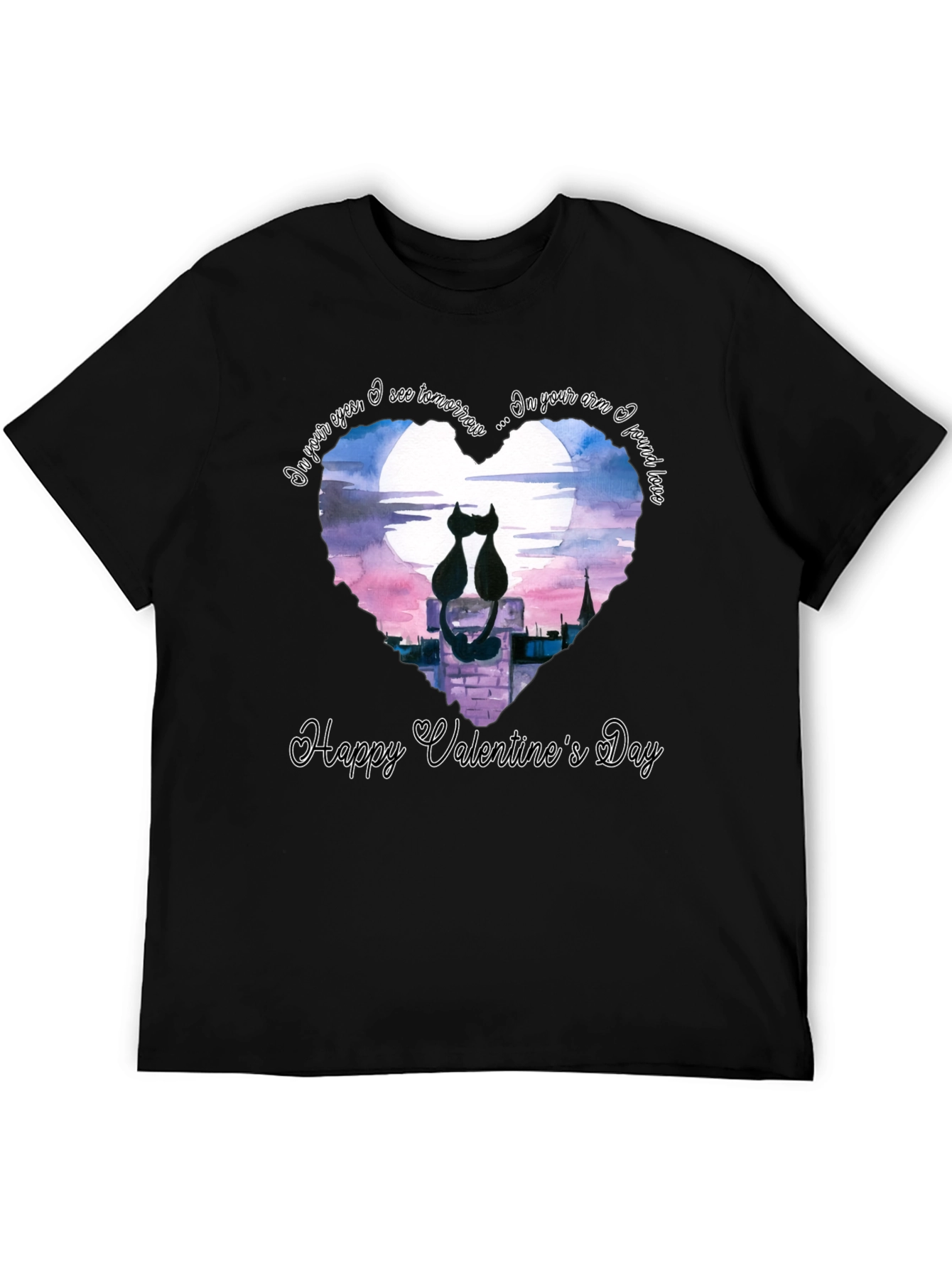 Black Valentine's Cat Lovers Black T-Shirt view 5