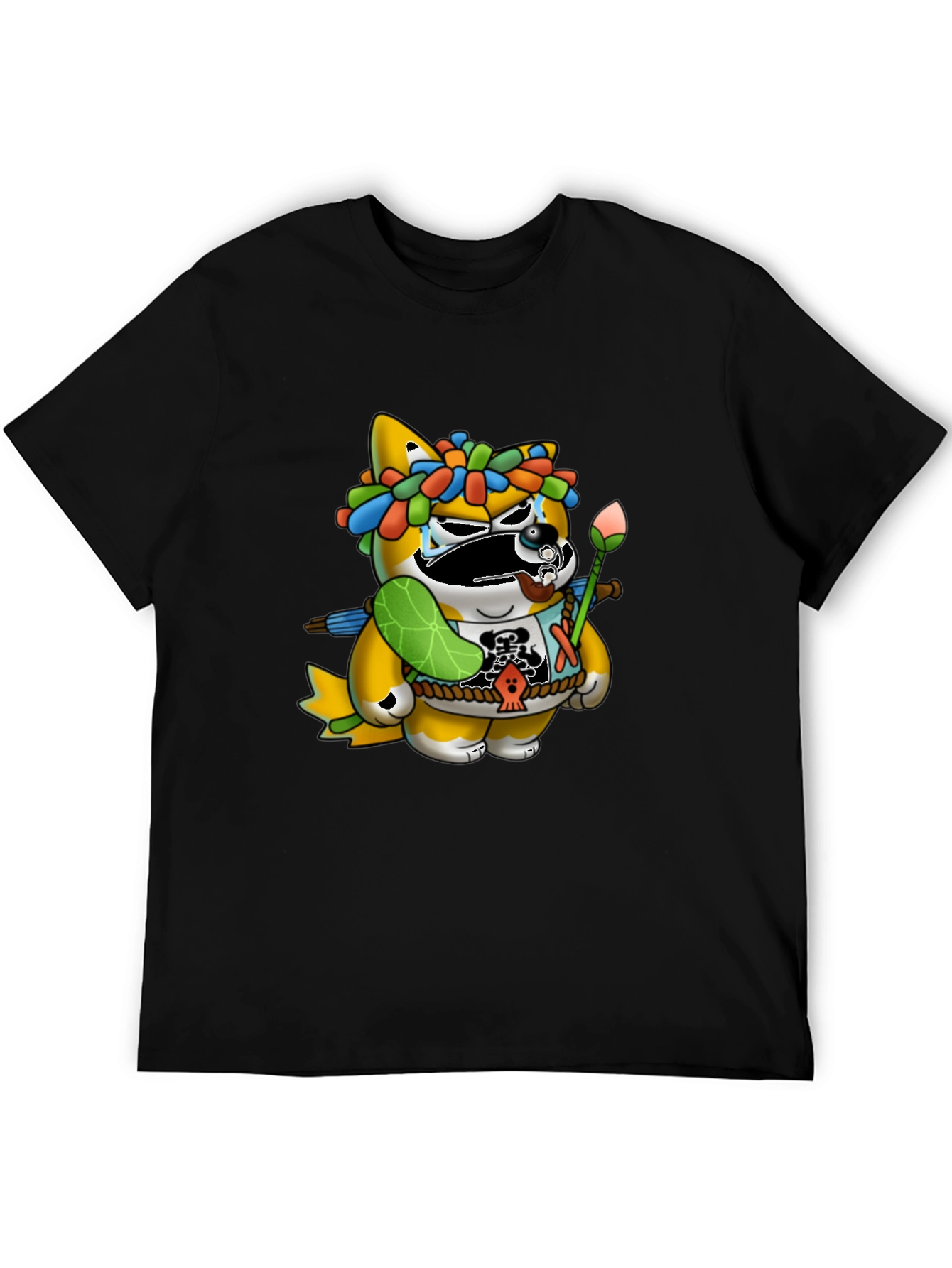 Black Unique Graphic Tee - Cartoon Tanuki Design view 5