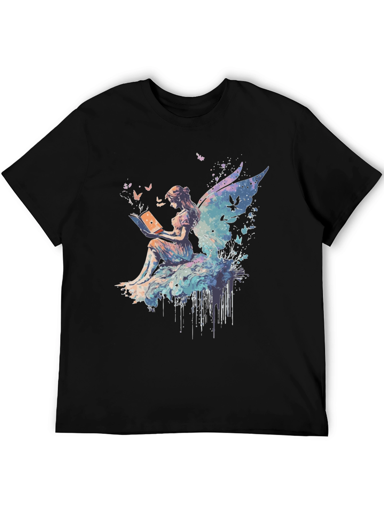 Black Whimsical Fairy Reading Book Graphic T-Shirt view 5
