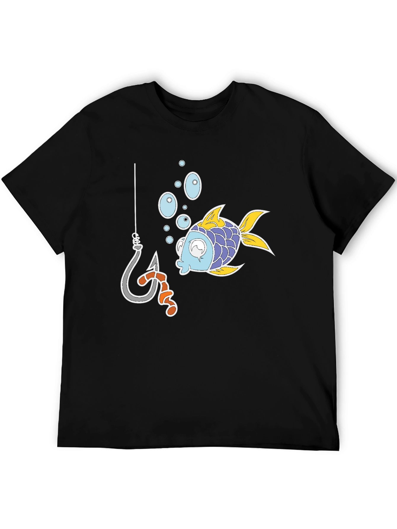 Black Funny Fish Hook Cartoon Graphic Tee view 5