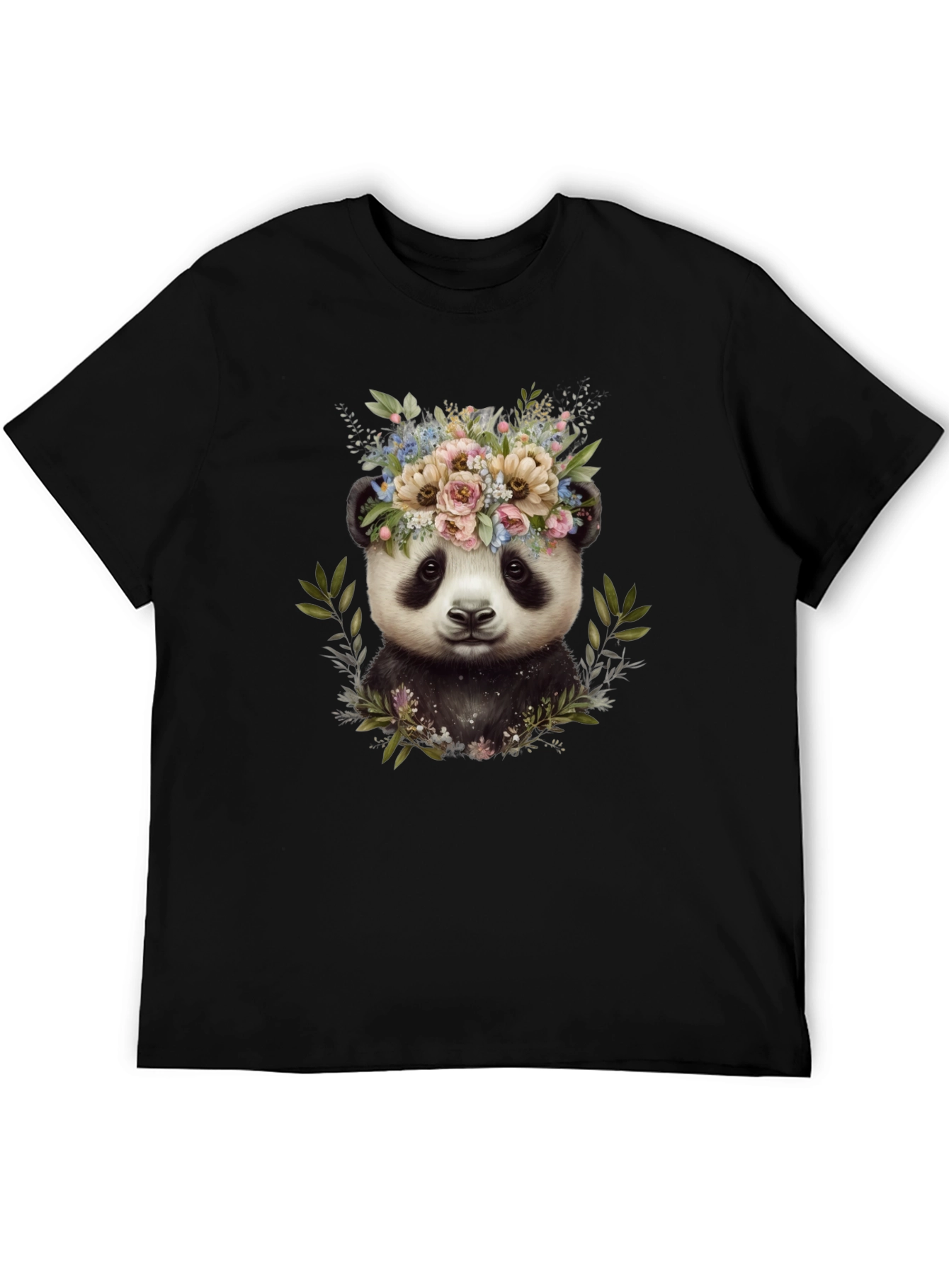 Black Panda Floral Wreath Tee - Unique Graphic Print T-Shirt view 5