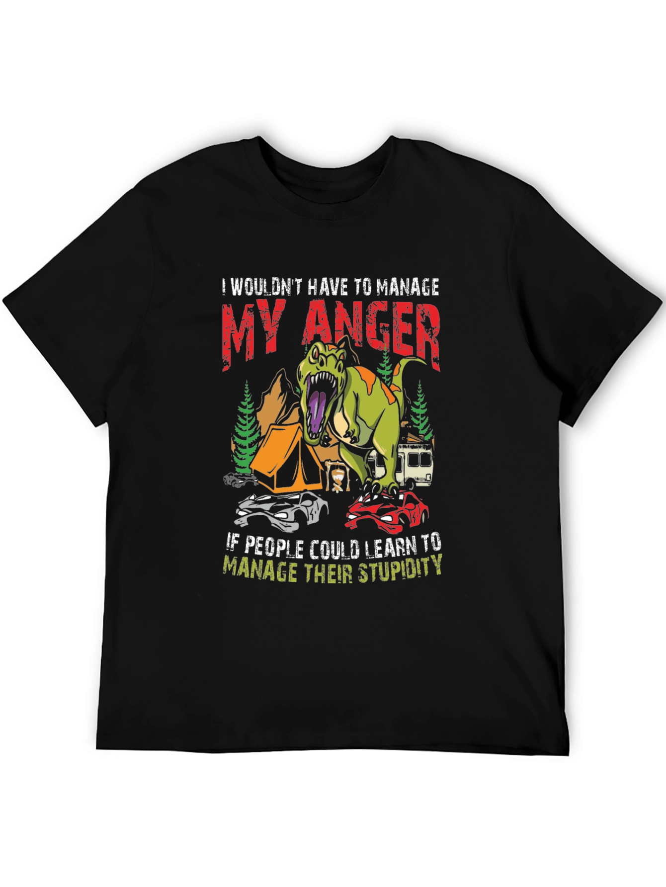 Black Manage Anger Dinosaur T-Shirt - Funny Camping Tee view 5