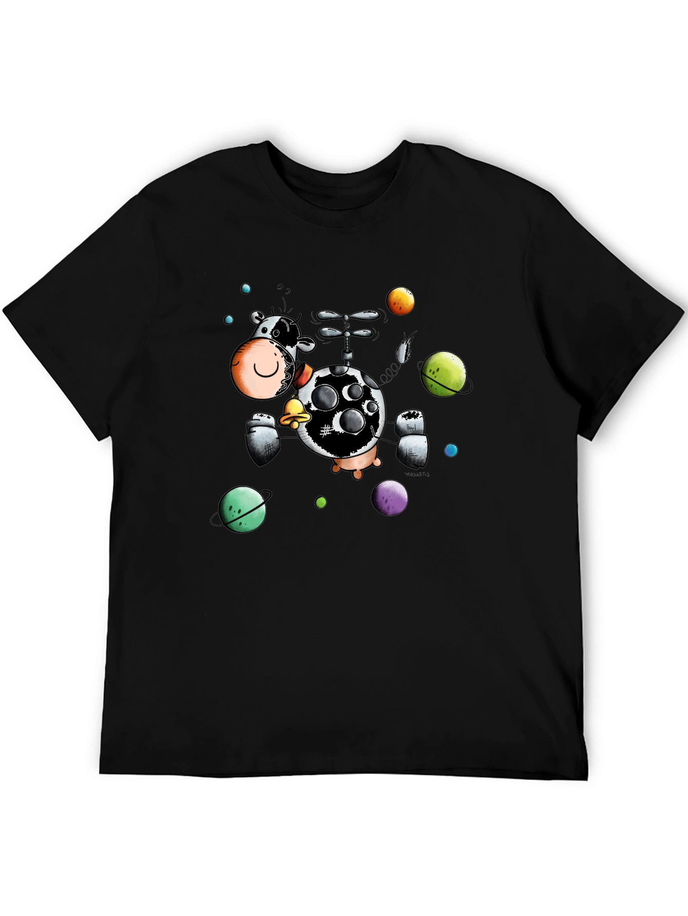 Black Cosmic Cow Black T-Shirt, Novelty Cartoon Design view 5