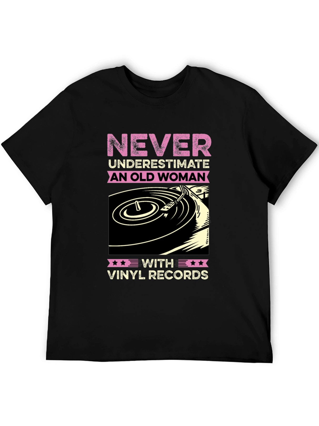 Black Never Underestimate Old Woman Vinyl Records T-Shirt view 5